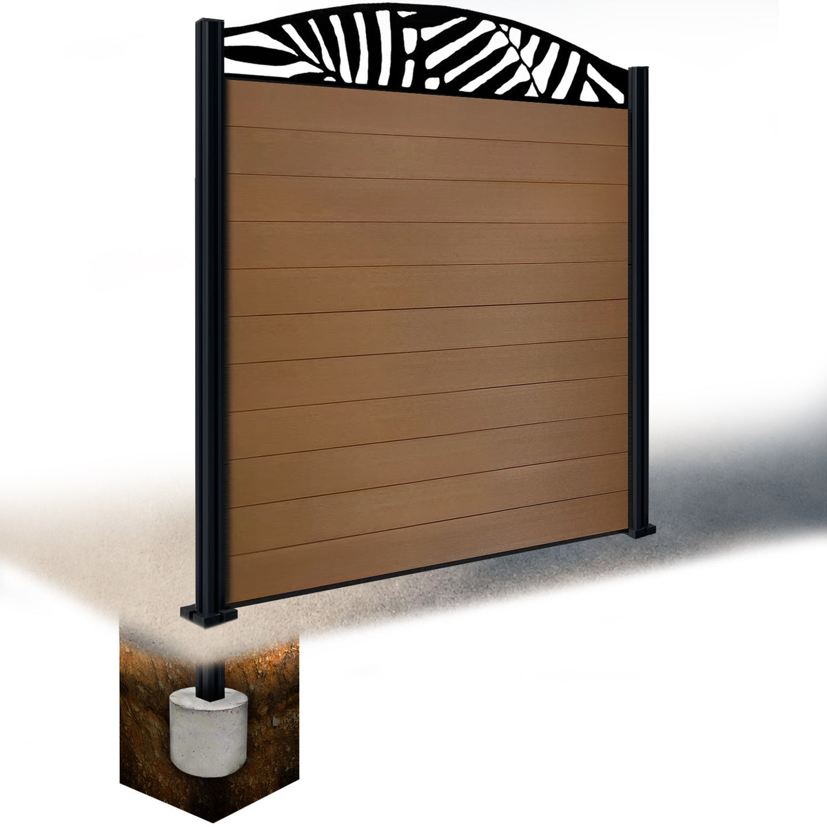 EasyComposite 6ft Composite Fence Panel & Aluminium Post Sunken in Ground - Golden Teak Boards & Leafy Curved Topper Trellis