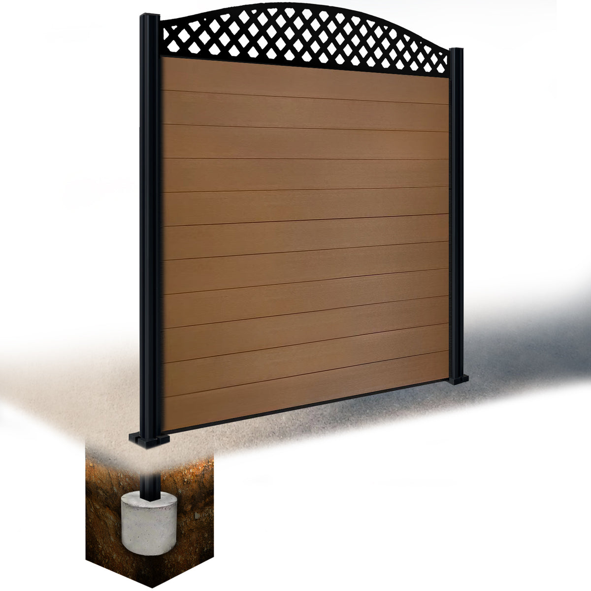 EasyComposite 6ft Composite Fence Panel & Aluminium Post Sunken in Ground - Golden Teak Boards & Wave curved Topper Trellis