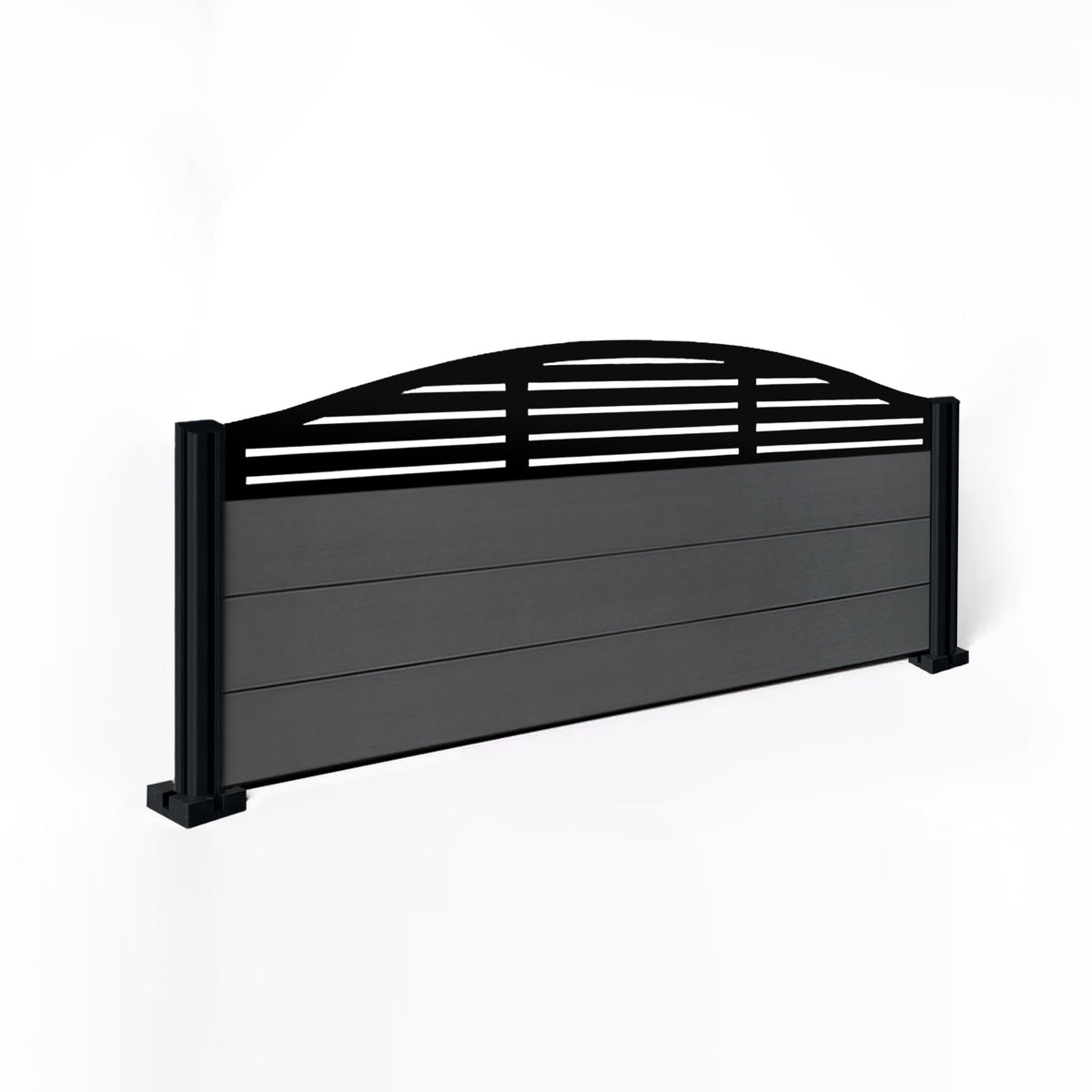 EasyComposite 2ft Composite Fence Panel & Aluminium Post Fitted Above Ground - Dark Grey Boards & Slat Curved Topper Trellis