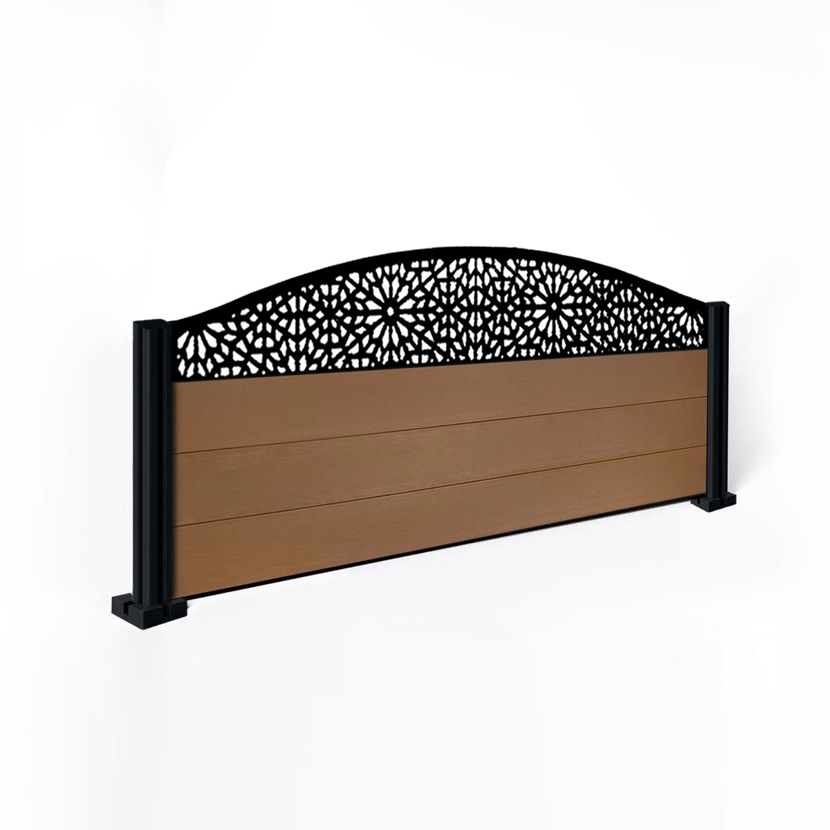 EasyComposite 2ft Composite Fence Panel & Aluminium Post Fitted Above Ground - Golden Teak Boards & Morocco Curved Topper Trellis