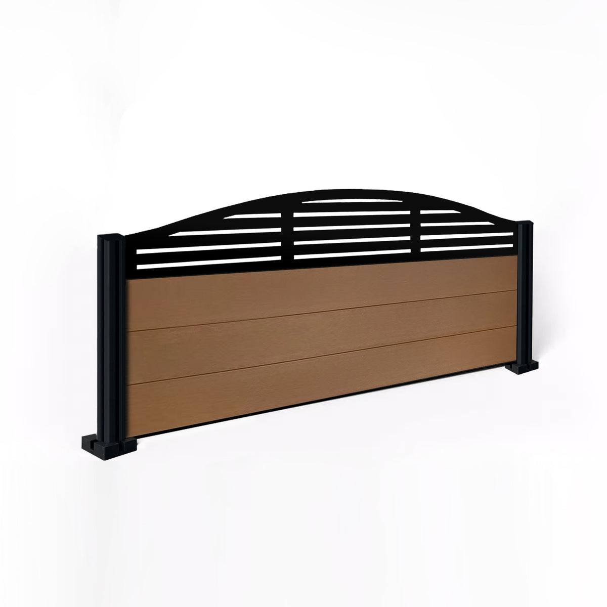 EasyComposite 2ft Composite Fence Panel & Aluminium Post Fitted Above Ground - Golden Teak Boards & Slat Curved Topper Trellis