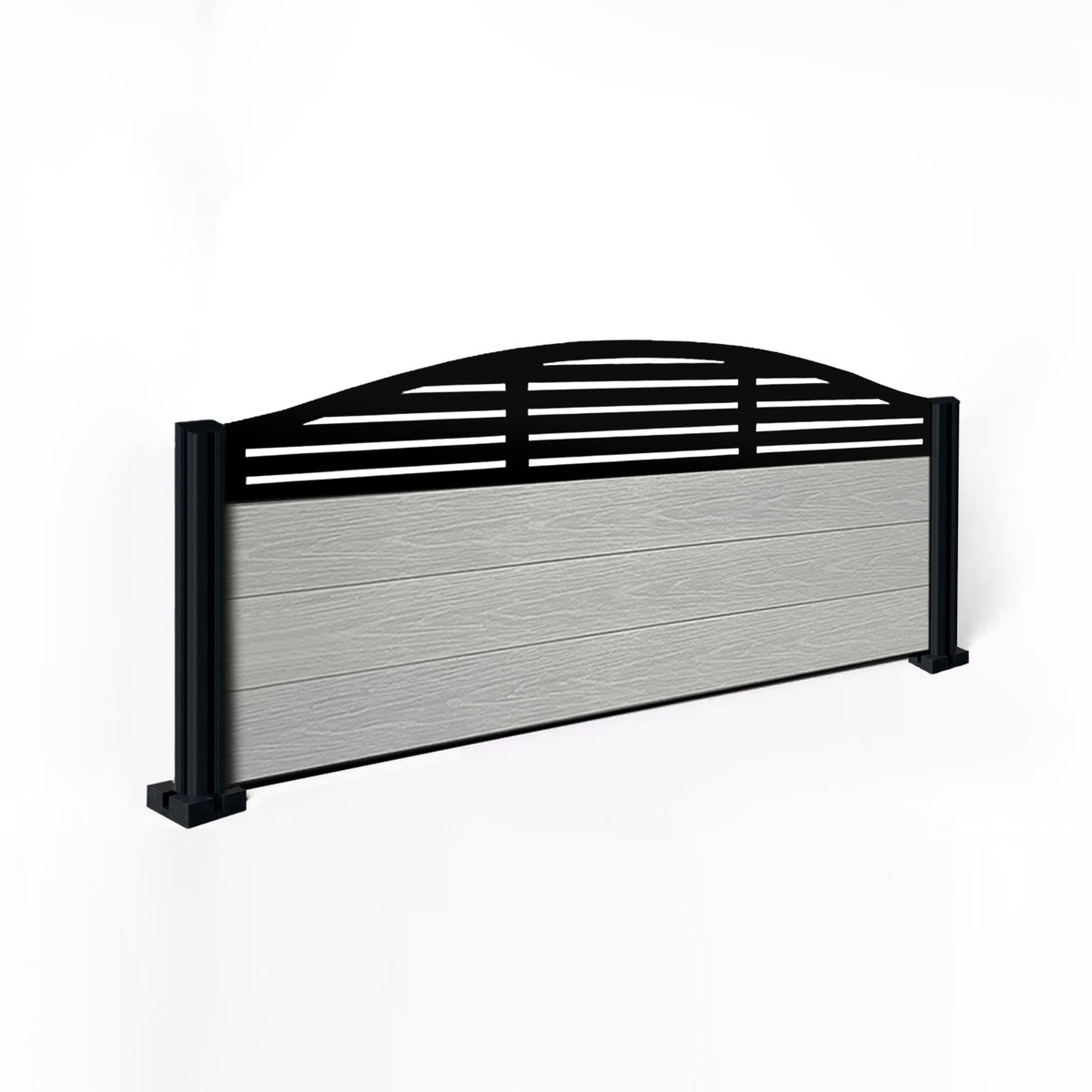 EasyComposite 2ft Composite Fence Panel & Aluminium Post Fitted Above Ground - Light Grey Boards & Slat Curved Topper Trellis