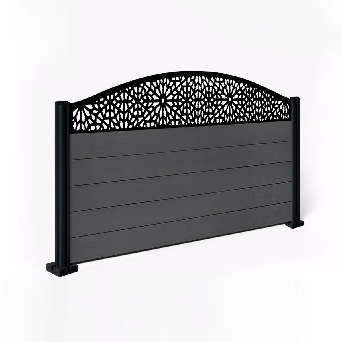 EasyComposite 3ft Composite Fence Panel & Aluminium Post Fitted Above Ground - Dark Grey Boards & Morocco Curved Topper Trellis