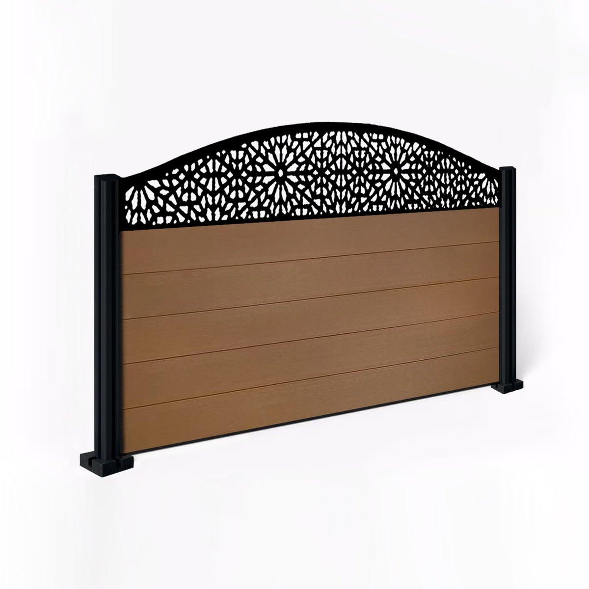EasyComposite 3ft Composite Fence Panel & Aluminium Post Fitted Above Ground - Golden Teak Boards & Morocco Curved Topper Trellis
