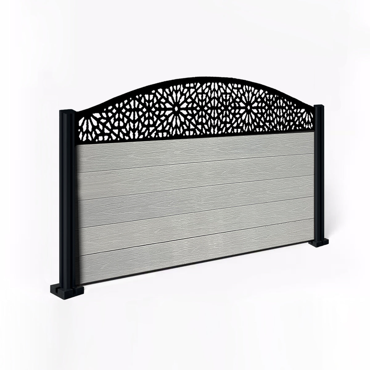 EasyComposite 3ft Composite Fence Panel & Aluminium Post Fitted Above Ground - Light Grey Boards & Morocco Curved Topper Trellis