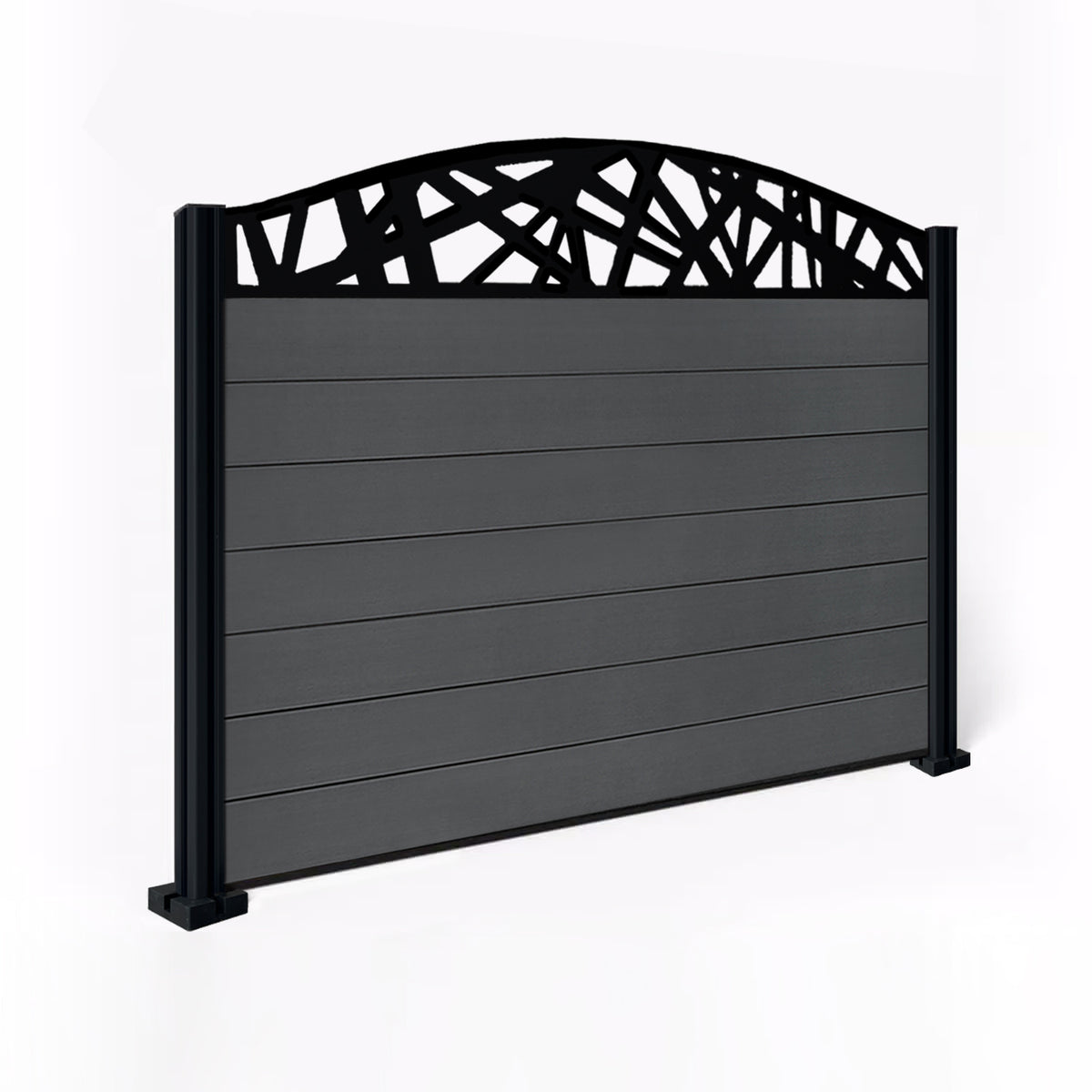 EasyComposite 4ft Composite Fence Panel & Aluminium Post Fitted Above Ground - Dark Grey Boards & Laser Curved Topper Trellis