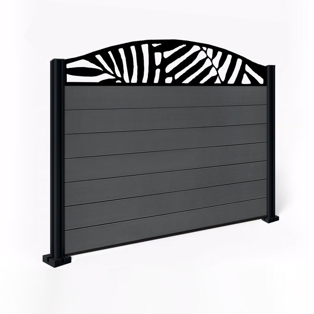 EasyComposite 4ft Composite Fence Panel & Aluminium Post Fitted Above Ground - Dark Grey Boards & Leafy Curved Topper Trellis
