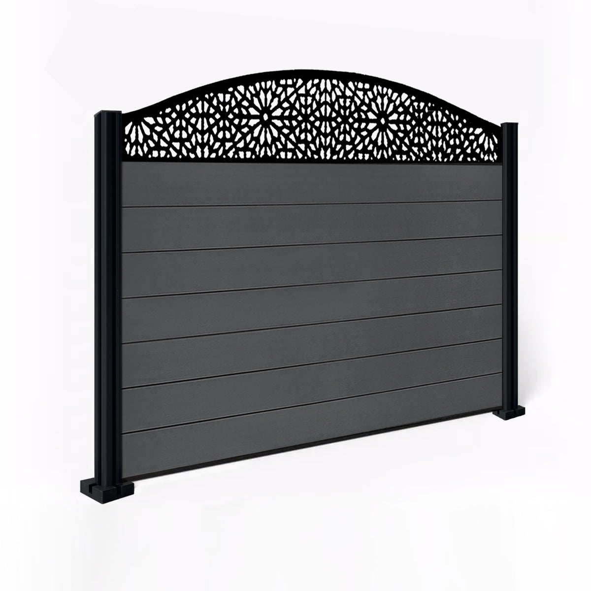 EasyComposite 4ft Composite Fence Panel & Aluminium Post Fitted Above Ground - Dark Grey Boards & Morocco Curved Topper Trellis