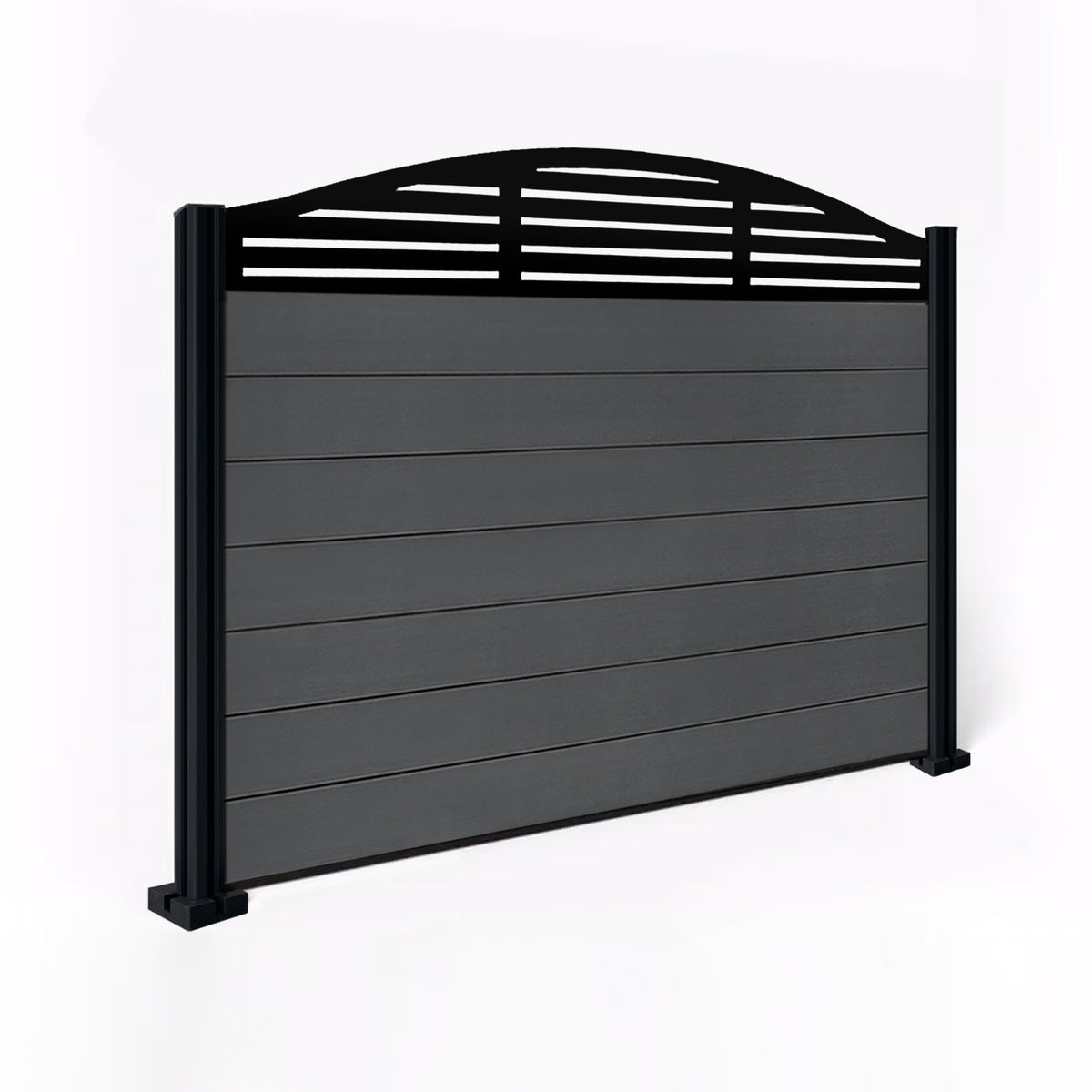 EasyComposite 4ft Composite Fence Panel & Aluminium Post Fitted Above Ground - Dark Grey Boards & Slat Curved Topper Trellis