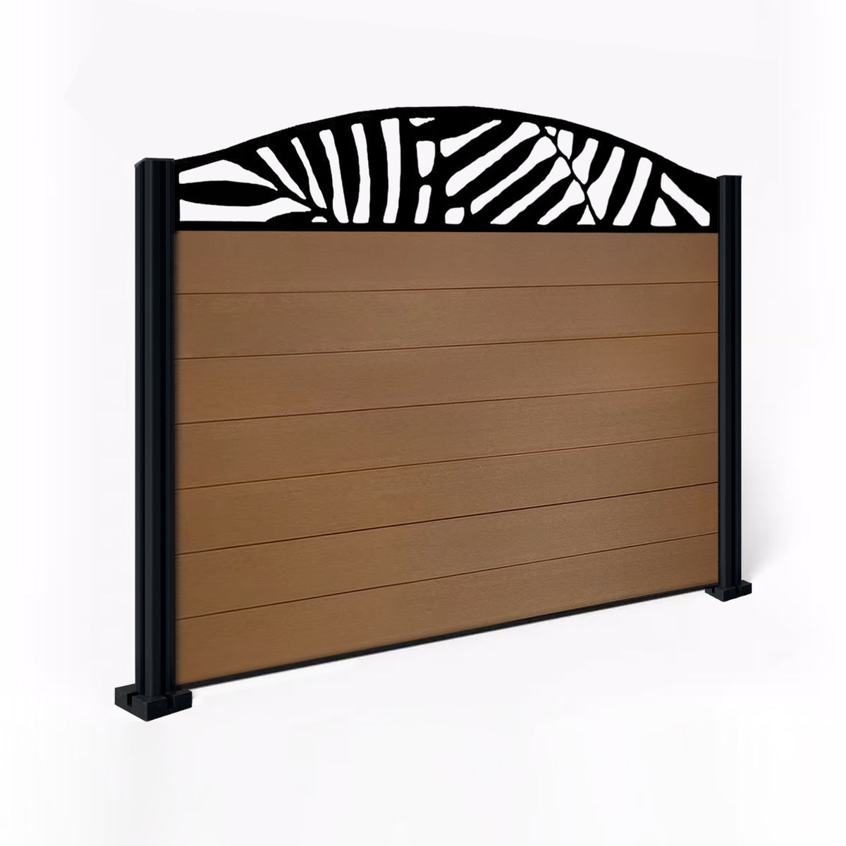 EasyComposite 4ft Composite Fence Panel & Aluminium Post Fitted Above Ground - Golden Teak Boards & Leafy Curved Topper Trellis