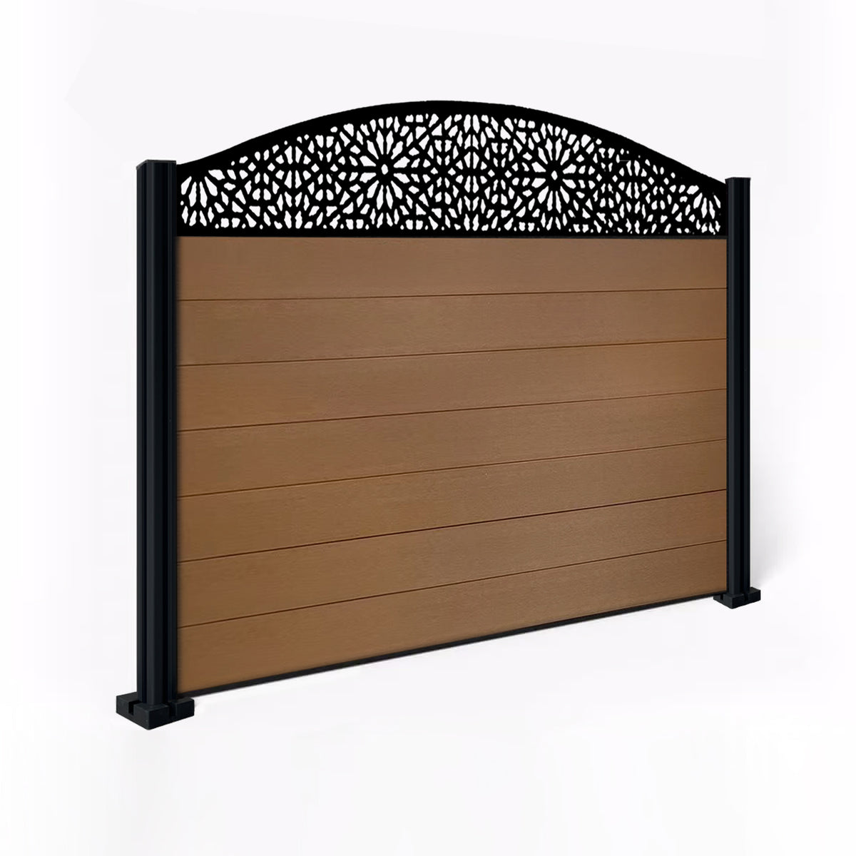 EasyComposite 4ft Composite Fence Panel & Aluminium Post Fitted Above Ground - Golden Teak Boards & Morocco Curved Topper Trellis