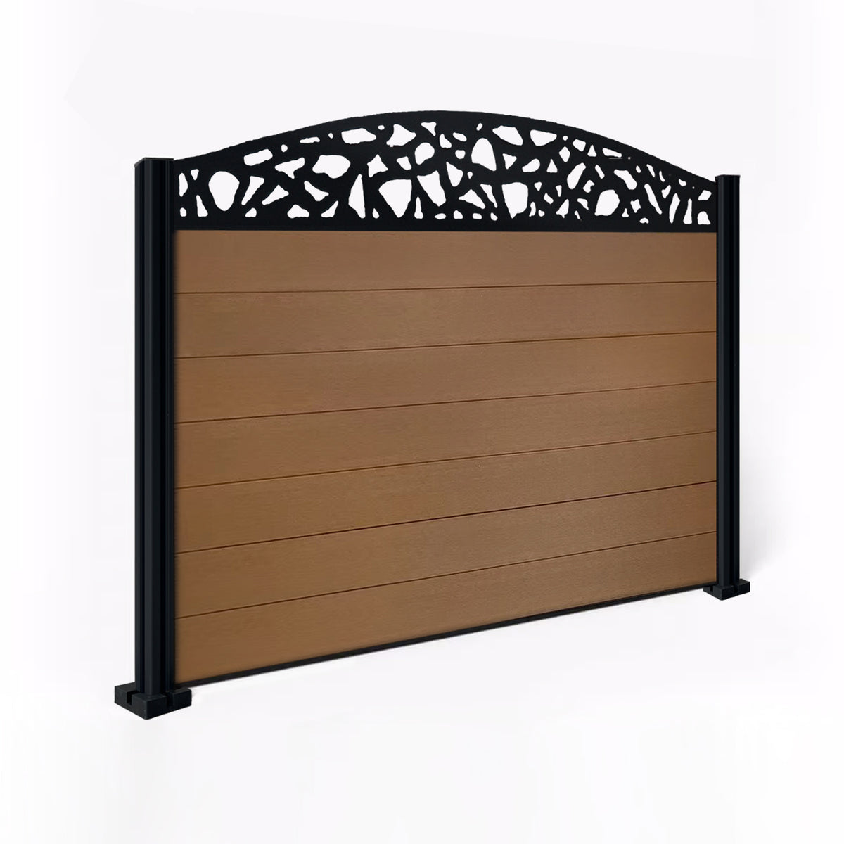 EasyComposite 4ft Composite Fence Panel & Aluminium Post Fitted Above Ground - Golden Teak Boards & Pebble Curved Topper Trellis