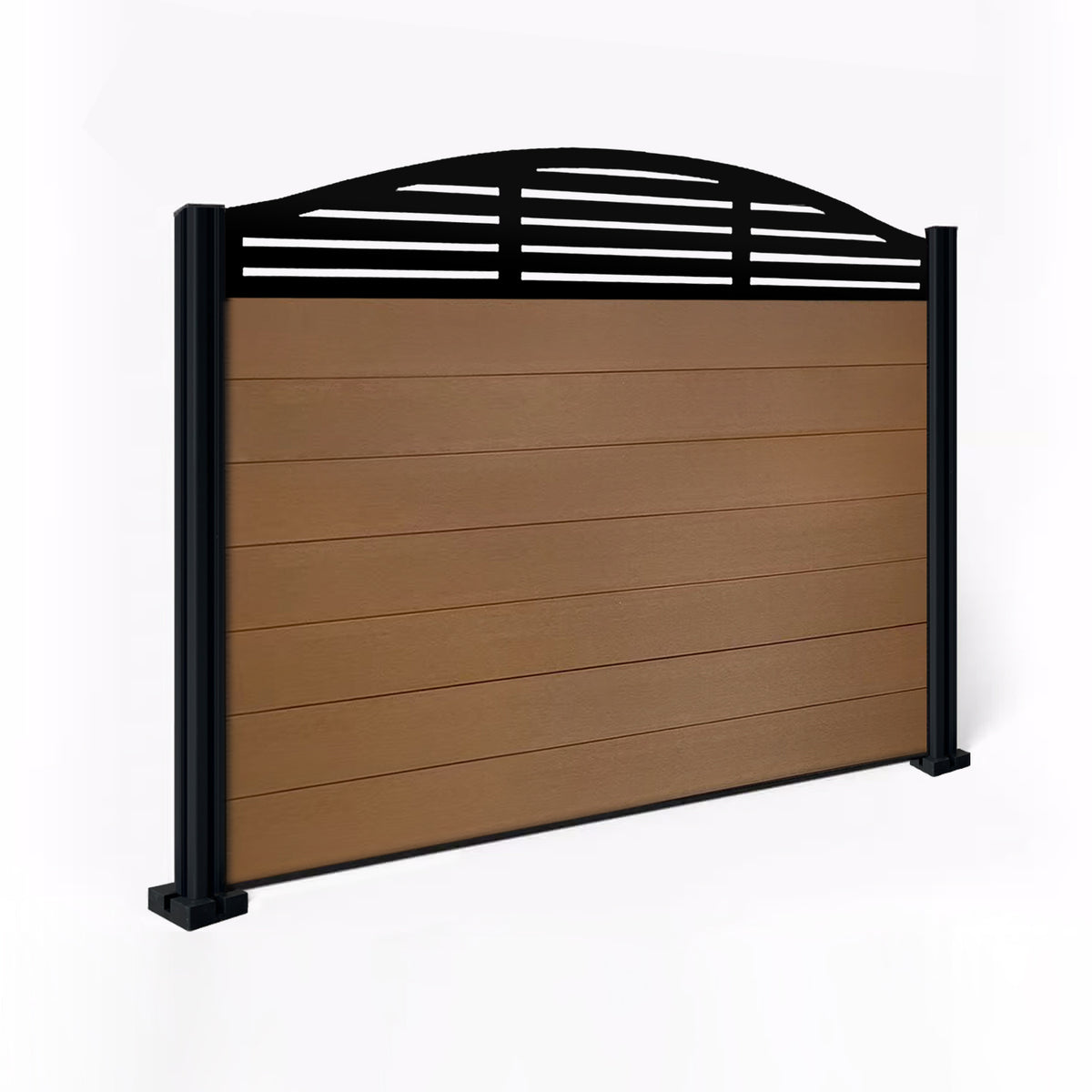EasyComposite 4ft Composite Fence Panel & Aluminium Post Fitted Above Ground - Golden Teak Boards & Slat Curved Topper Trellis