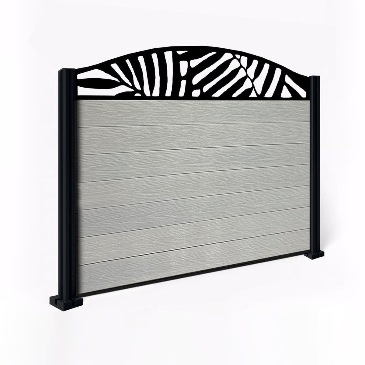 EasyComposite 4ft Composite Fence Panel & Aluminium Post Fitted Above Ground - Light Grey Boards & Leafy Curved Topper Trellis