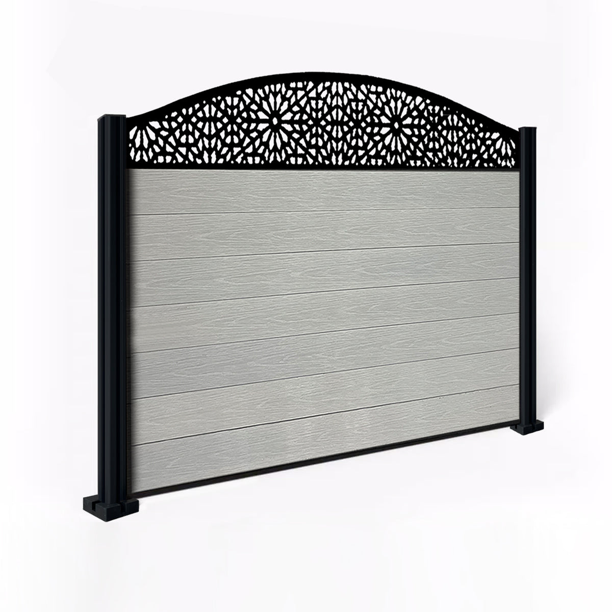 EasyComposite 4ft Composite Fence Panel & Aluminium Post Fitted Above Ground - Light Grey Boards & Morocco Curved Topper Trellis