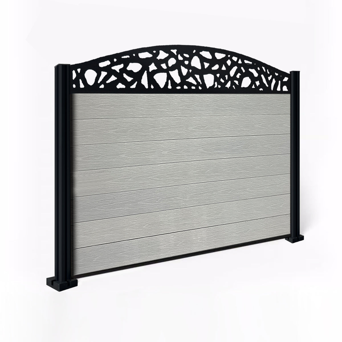 EasyComposite 4ft Composite Fence Panel & Aluminium Post Fitted Above Ground - Light Grey Boards & Pebble Curved Topper Trellis