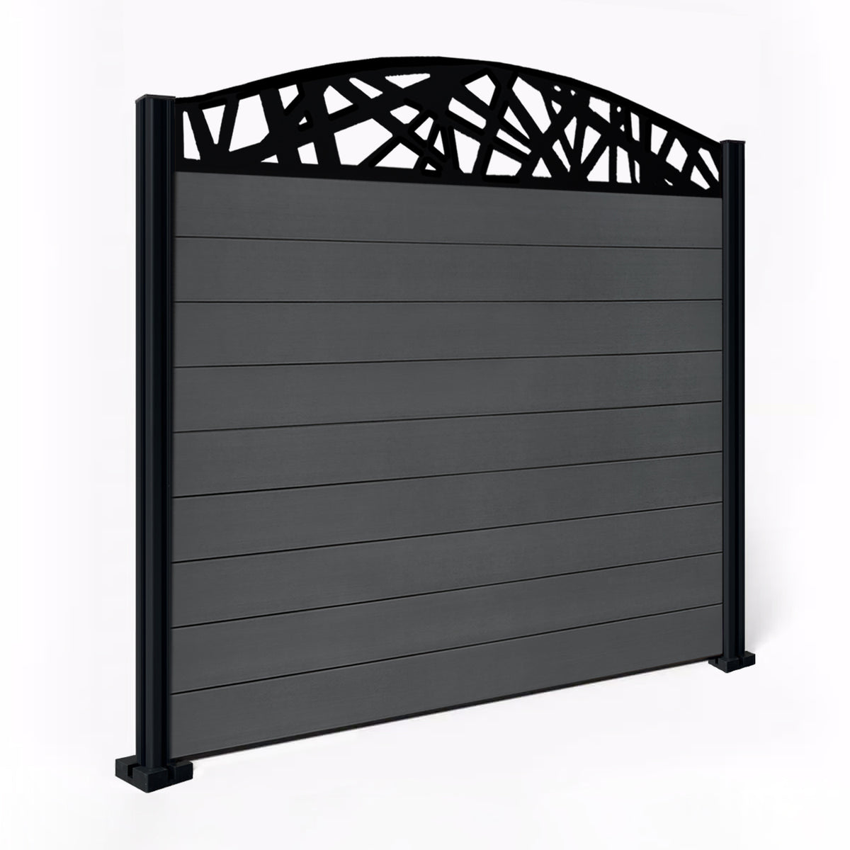 EasyComposite 5ft Composite Fence Panel & Aluminium Post Fitted Above Ground - Dark Grey Boards & Laser Curved Topper Trellis