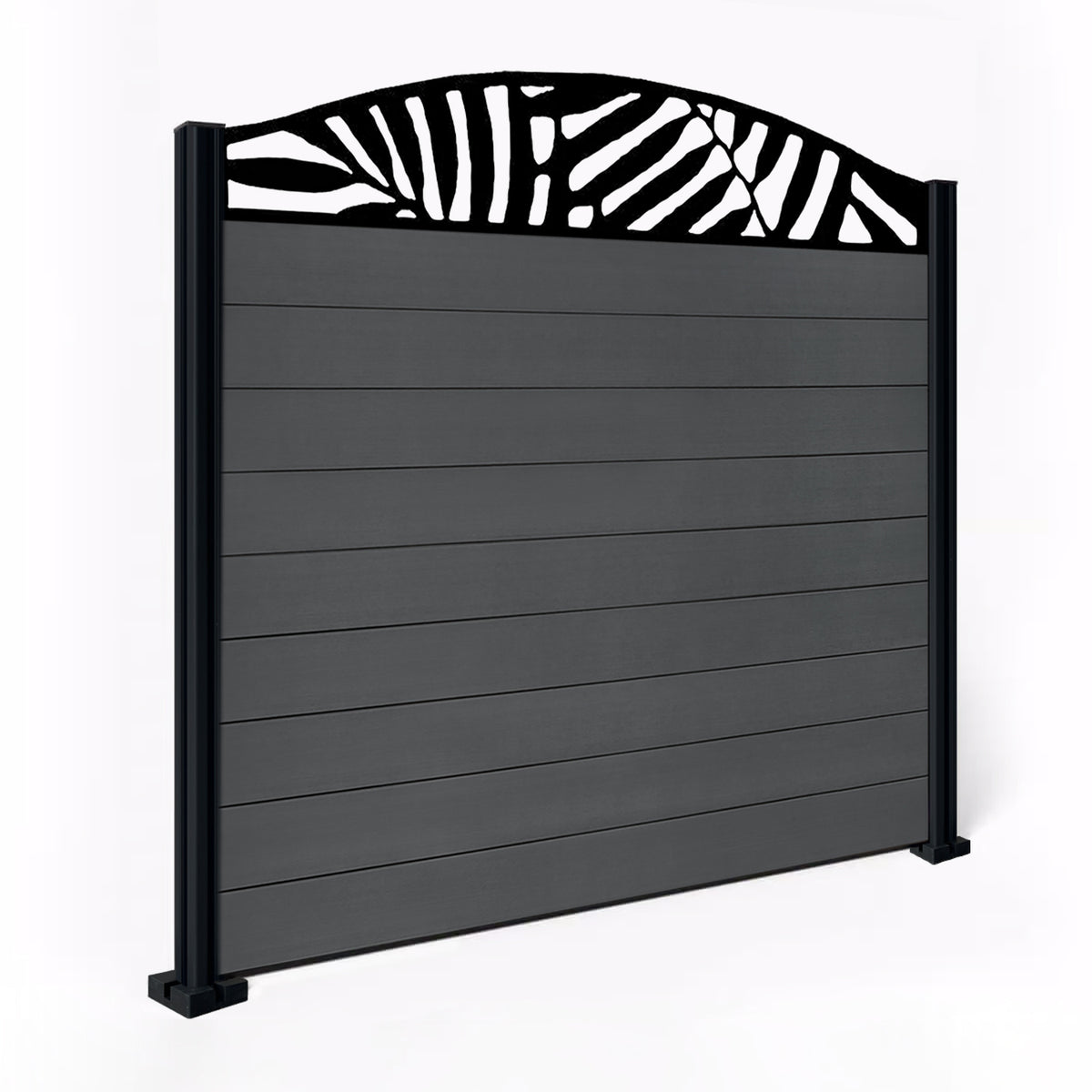 EasyComposite 5ft Composite Fence Panel & Aluminium Post Fitted Above Ground - Dark Grey Boards & Leafy Curved Topper Trellis