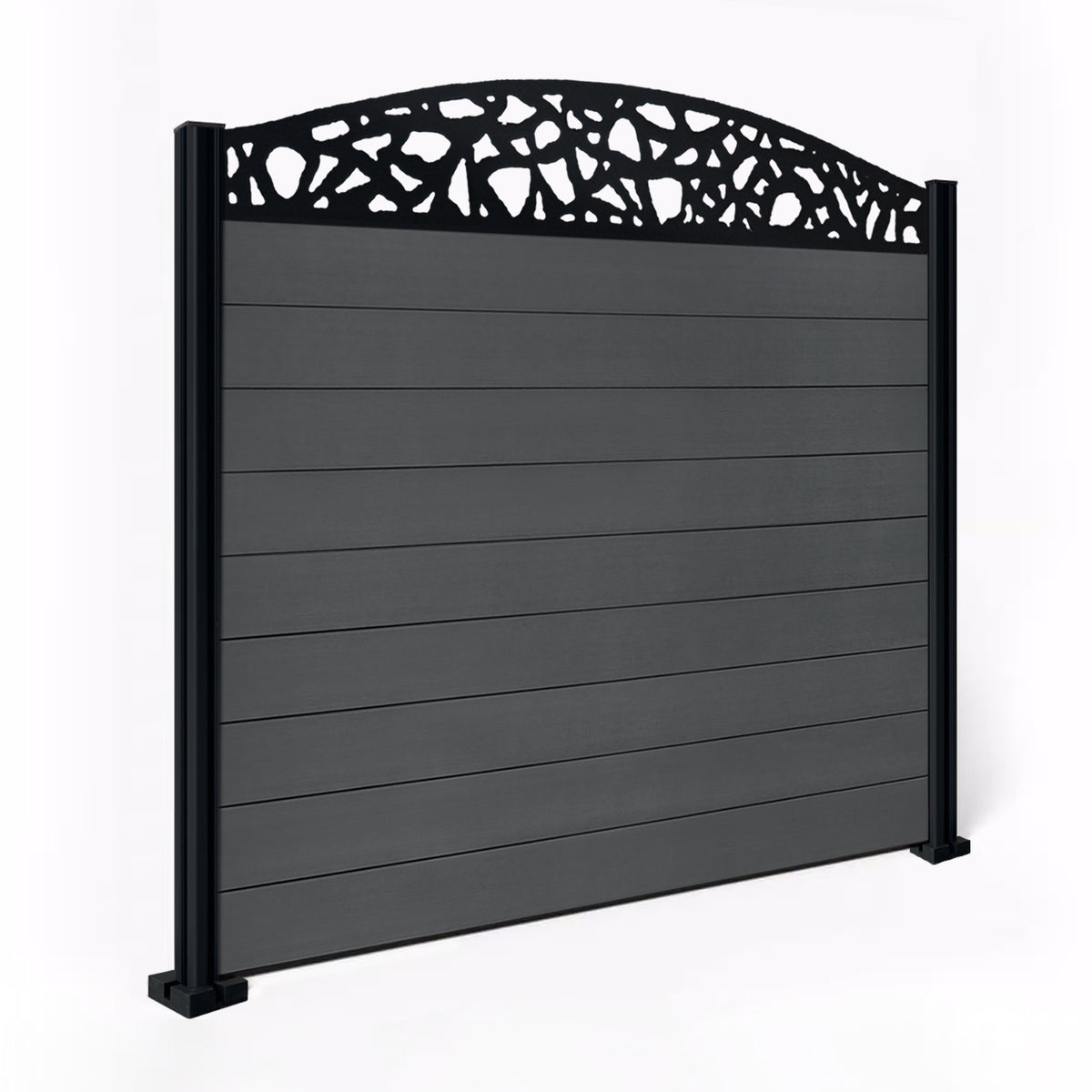 EasyComposite 5ft Composite Fence Panel & Aluminium Post Fitted Above Ground - Dark Grey Boards & Pebble Curved Topper Trellis