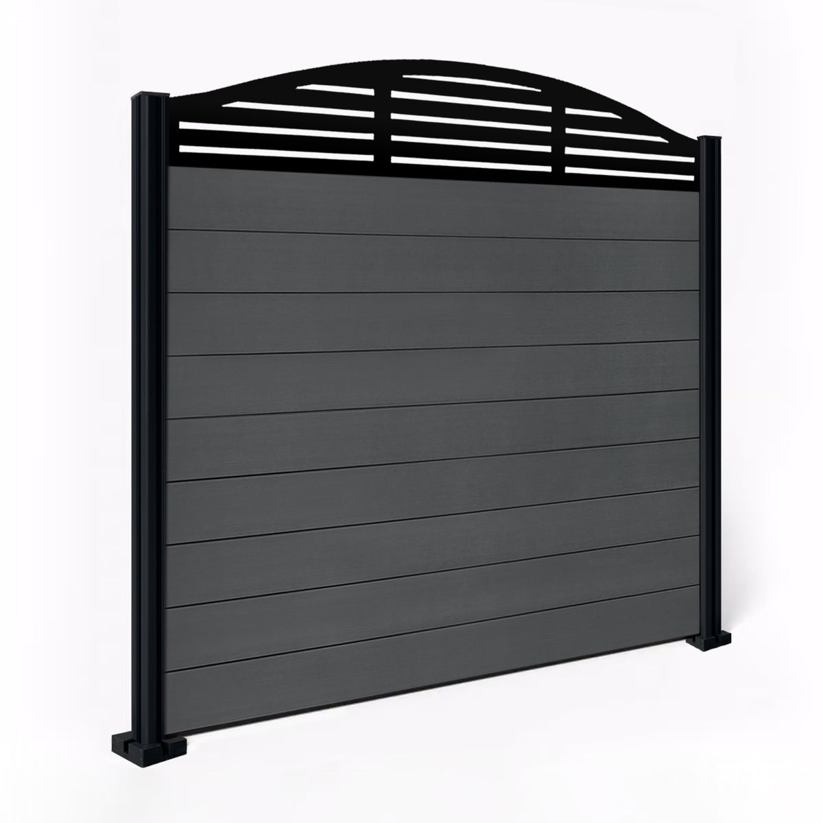 EasyComposite 5ft Composite Fence Panel & Aluminium Post Fitted Above Ground - Dark Grey Boards & Slat Curved Topper Trellis