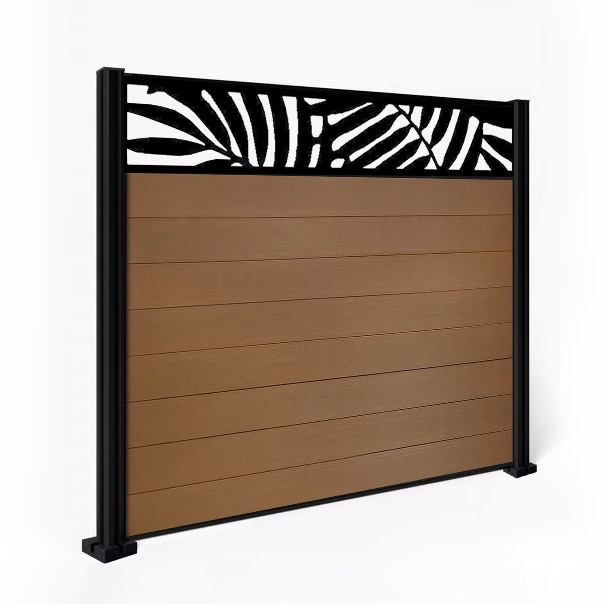 EasyComposite 2ft Composite Fence Panel & Aluminium Post Sunken in Ground - Golden Teak Boards & Leafy Topper Trellis