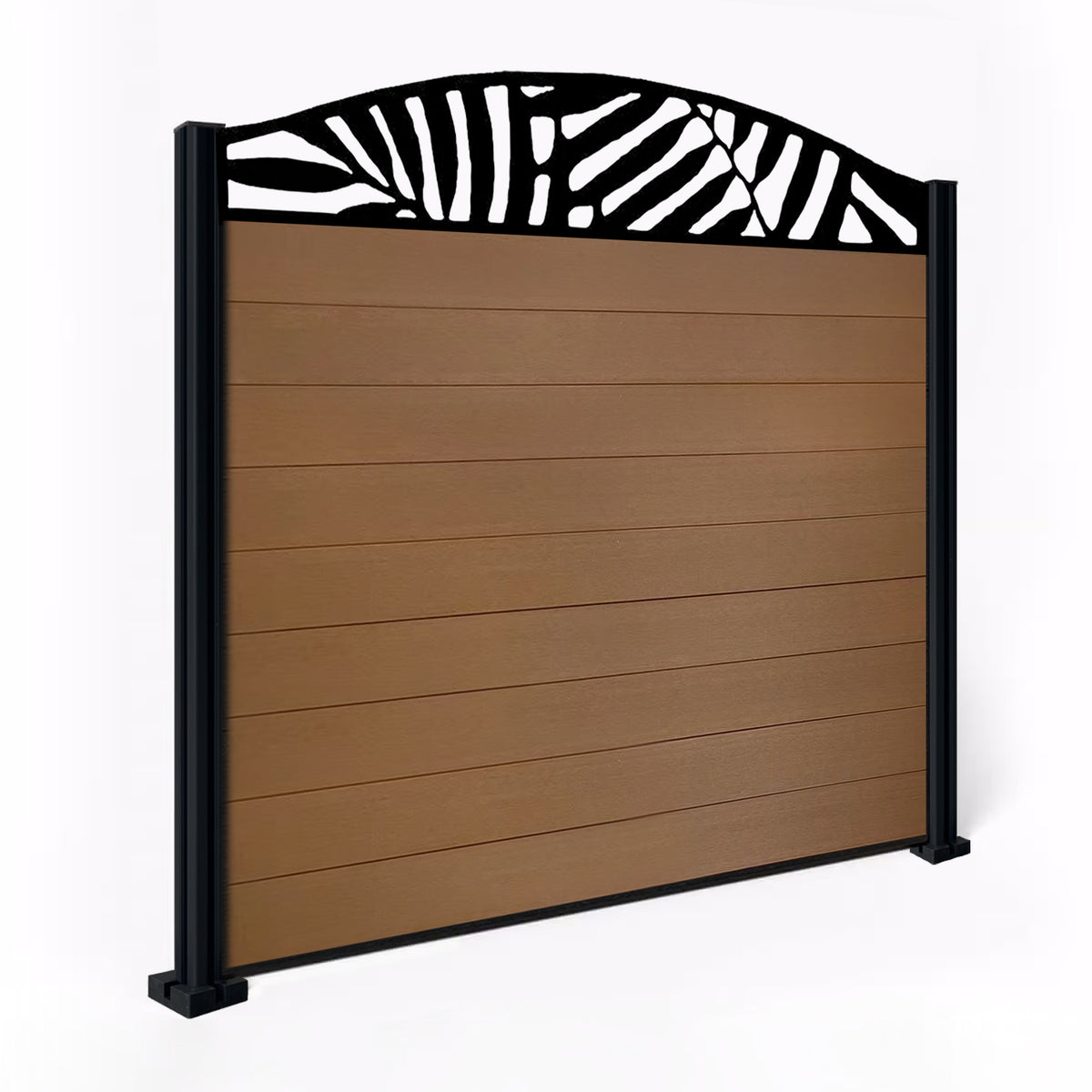 EasyComposite 5ft Composite Fence Panel & Aluminium Post Fitted Above Ground - Golden Teak Boards & Leafy Curved Topper Trellis