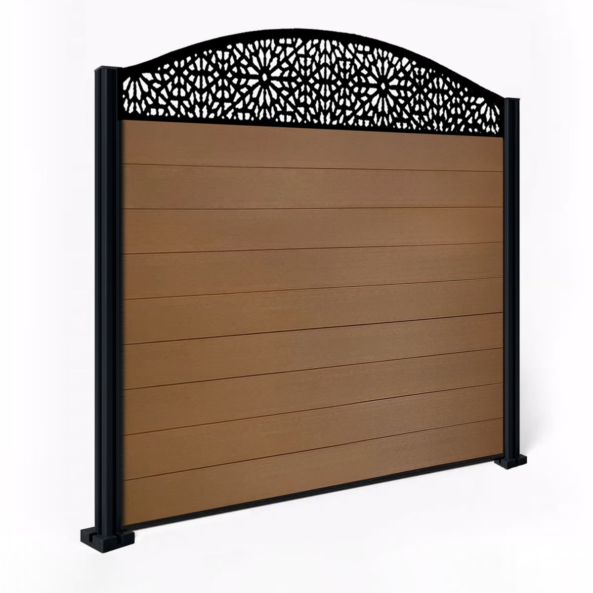 EasyComposite 5ft Composite Fence Panel & Aluminium Post Fitted Above Ground - Golden Teak Boards & Morocco Curved Topper Trellis