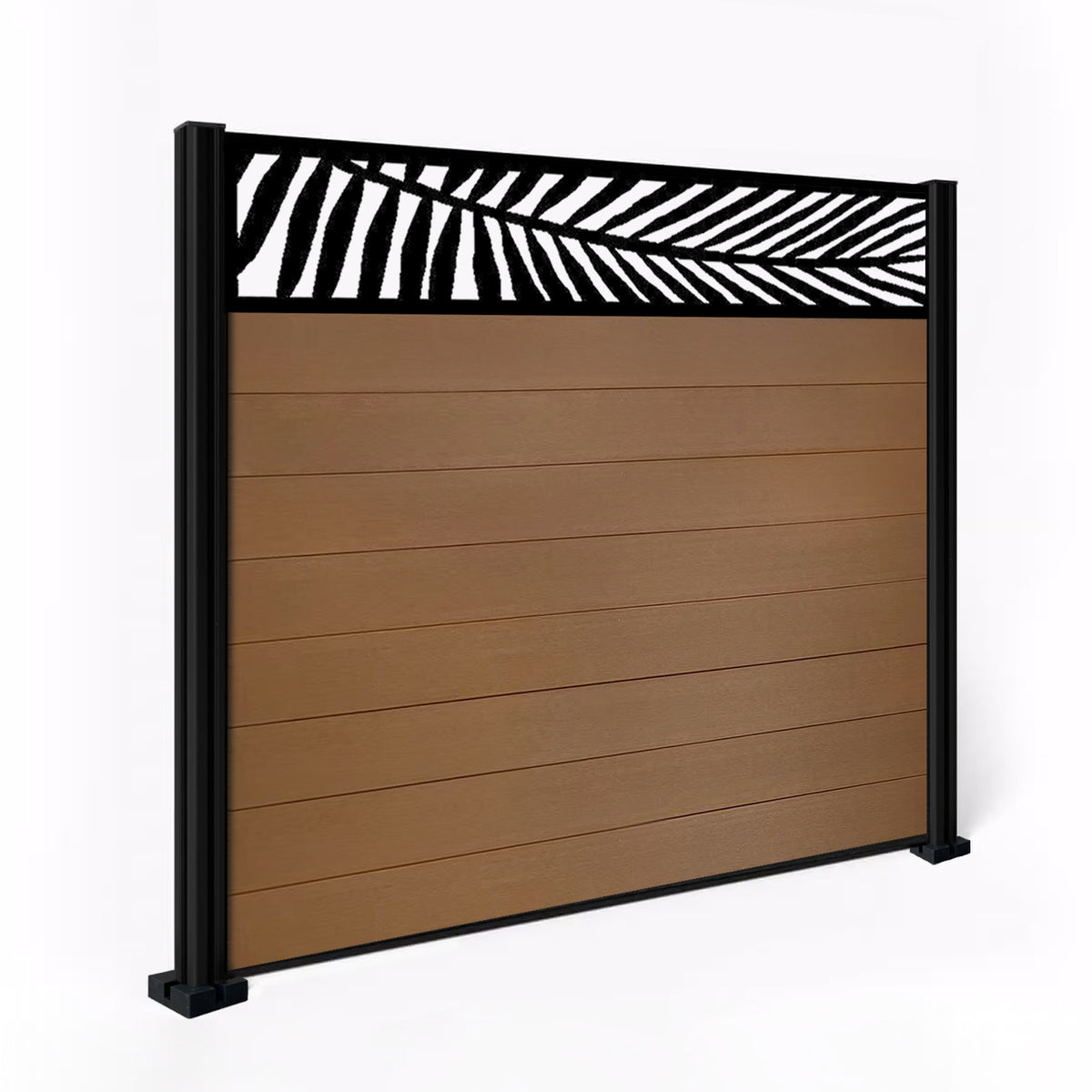 EasyComposite 5ft Composite Fence Panel & Aluminium Post Fitted Above Ground - Golden Teak Boards & Palm Topper Trellis
