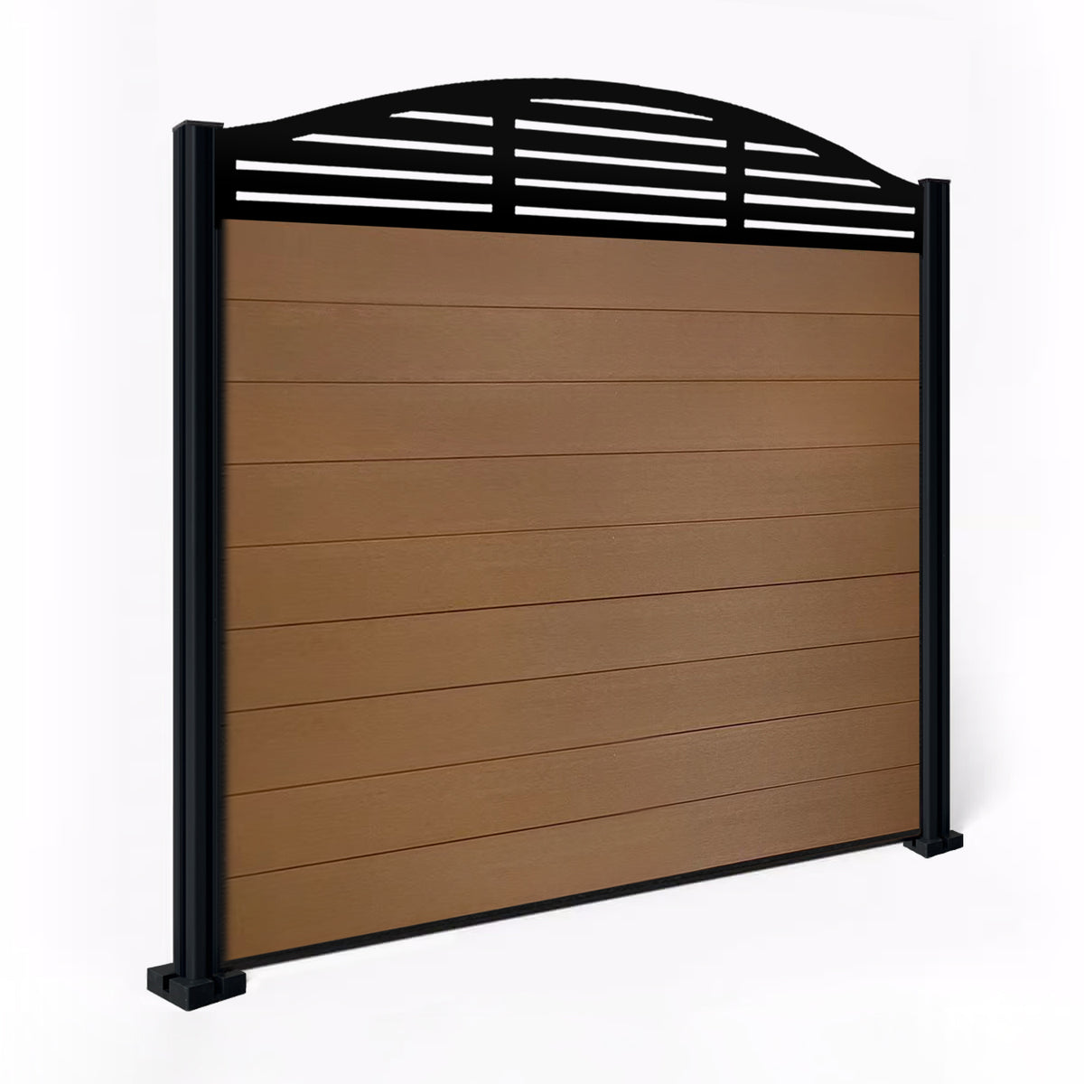 EasyComposite 5ft Composite Fence Panel & Aluminium Post Fitted Above Ground - Golden Teak Boards & Slat Curved Topper Trellis
