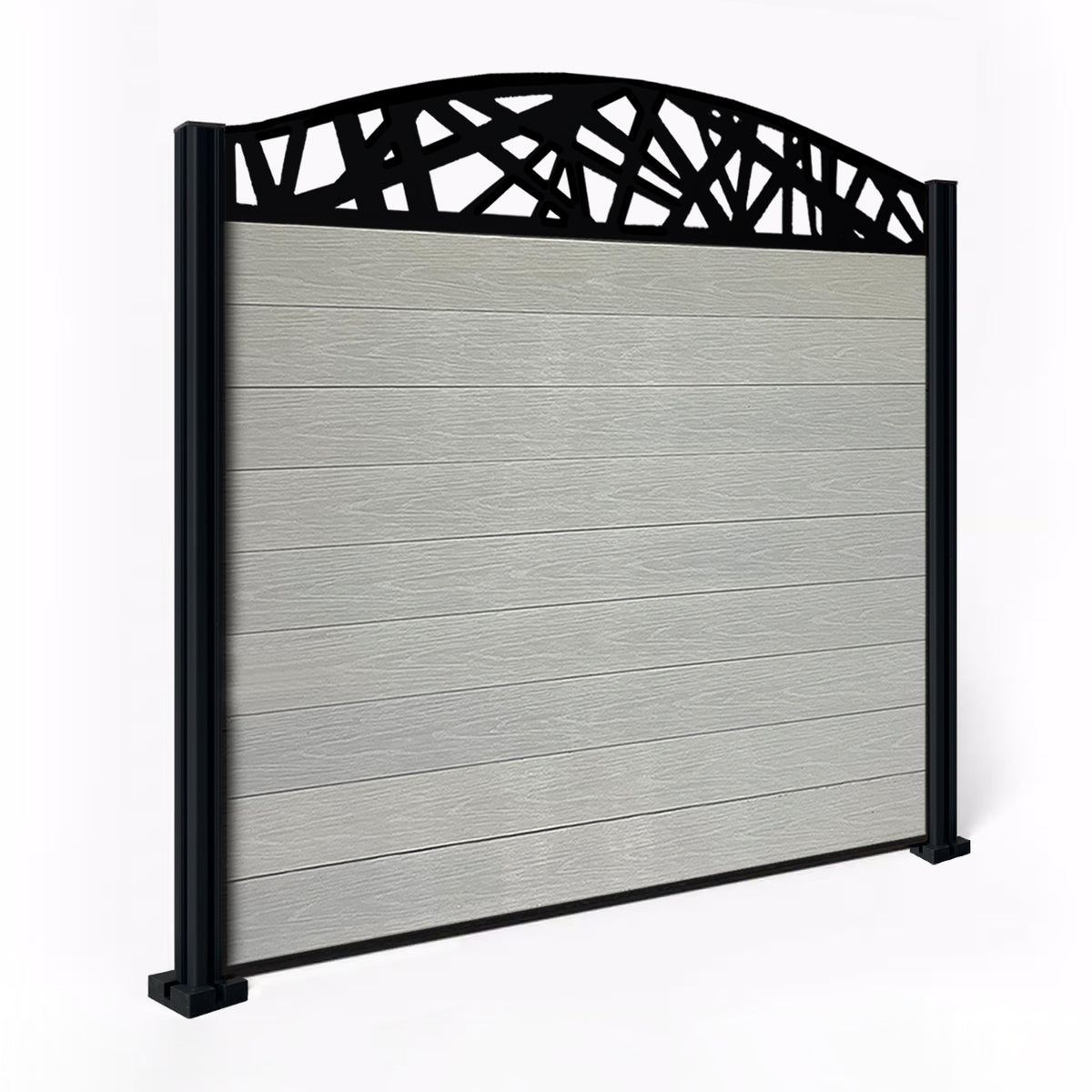 EasyComposite 5ft Composite Fence Panel & Aluminium Post Fitted Above Ground - Light Grey Boards & Laser Curved Topper Trellis