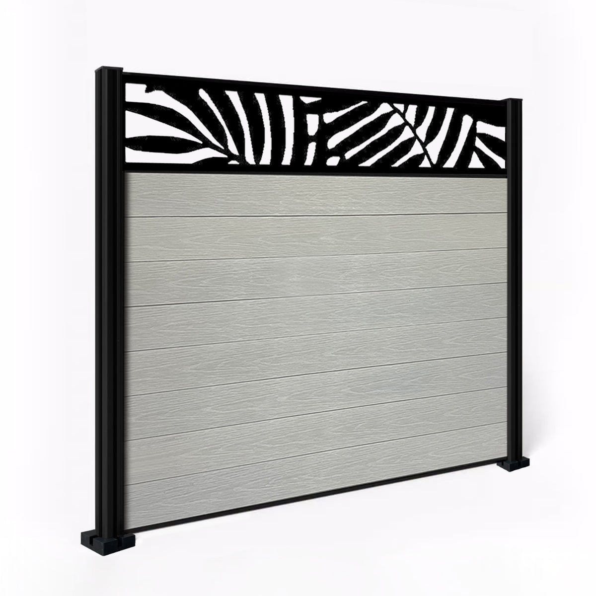 EasyComposite 2ft Composite Fence Panel & Aluminium Post Sunken in Ground - Light Grey Boards & Leafy Topper Trellis