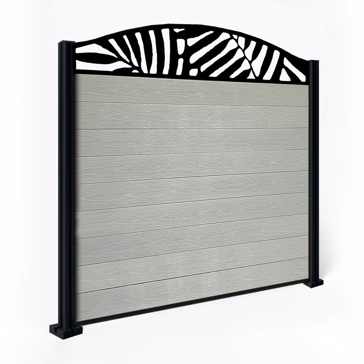 EasyComposite 5ft Composite Fence Panel & Aluminium Post Fitted Above Ground - Light Grey Boards & Leafy Curved Topper Trellis
