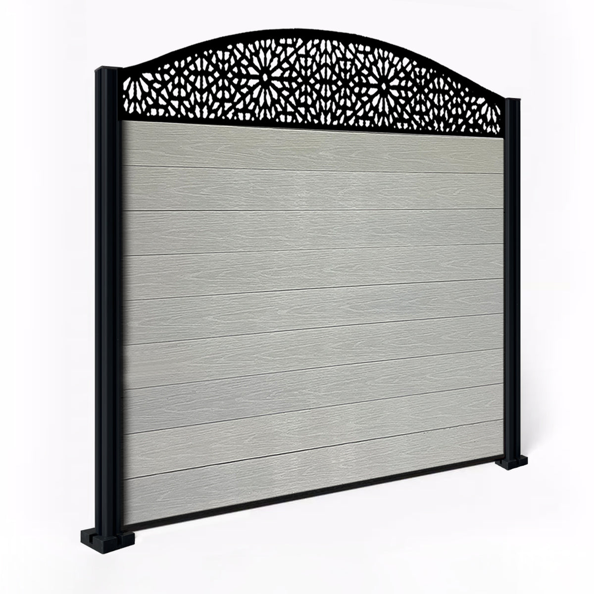 EasyComposite 5ft Composite Fence Panel & Aluminium Post Fitted Above Ground - Light Grey Boards & Morocco Curved Topper Trellis