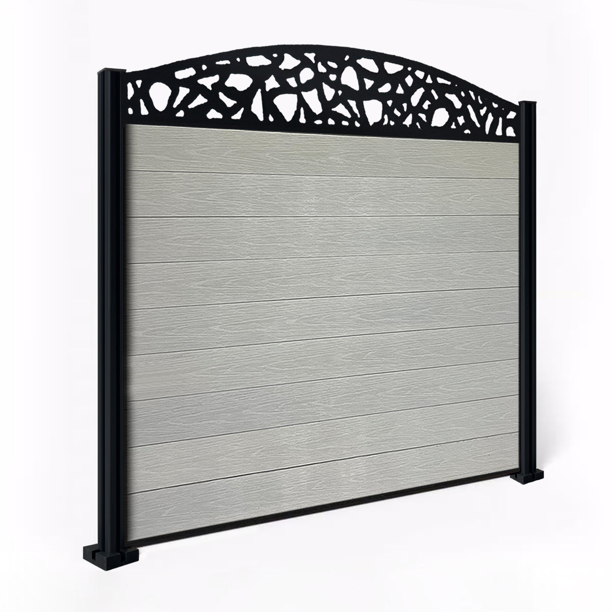 EasyComposite 5ft Composite Fence Panel & Aluminium Post Fitted Above Ground - Light Grey Boards & Pebble Curved Topper Trellis
