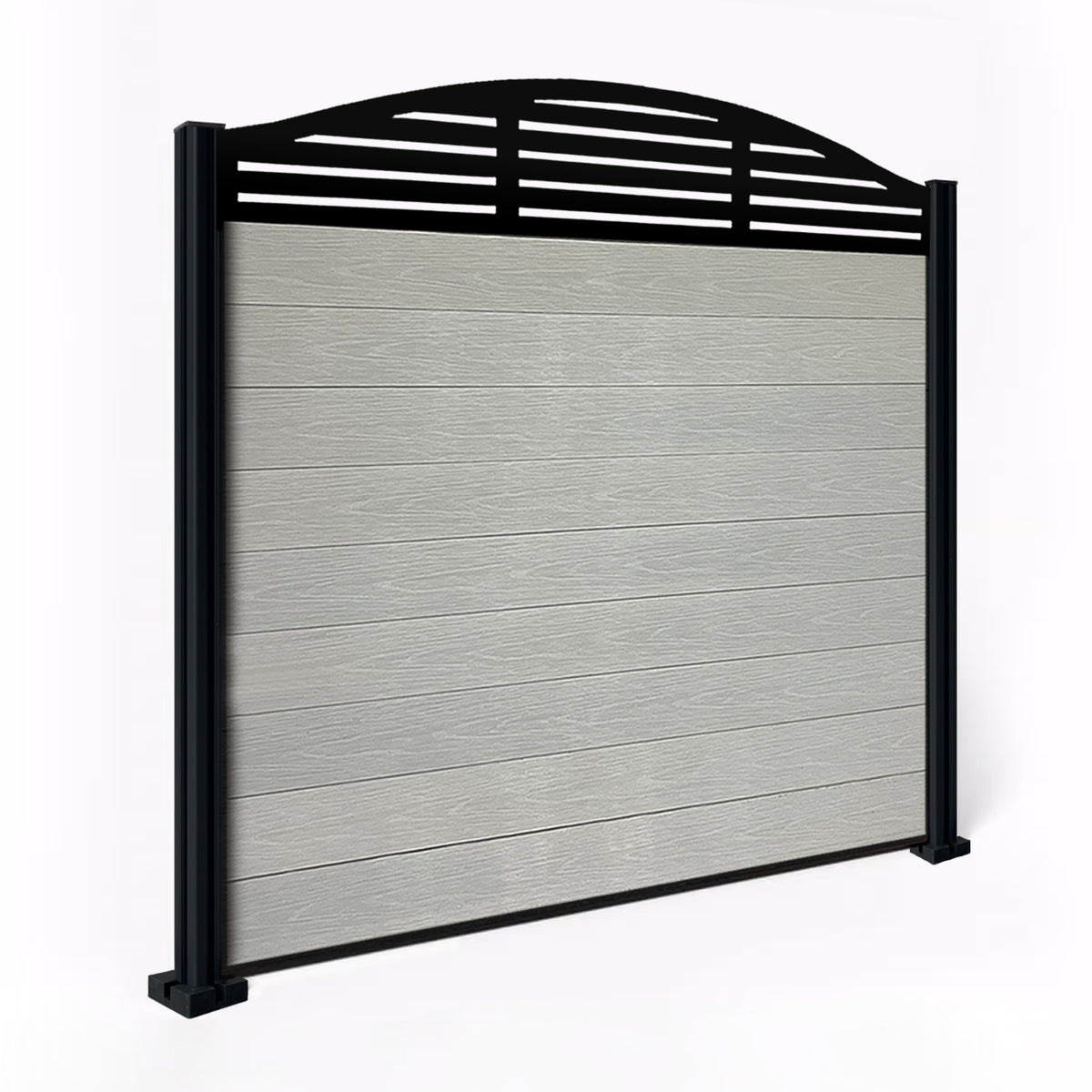 EasyComposite 5ft Composite Fence Panel & Aluminium Post Fitted Above Ground - Light Grey Boards & Slat Curved Topper Trellis