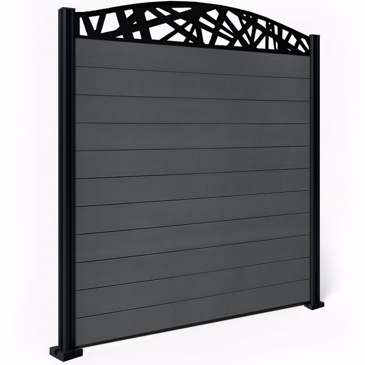 EasyComposite 6ft Composite Fence Panel & Aluminium Post Fitted Above Ground - Dark Grey Boards & Laser Curved Topper Trellis