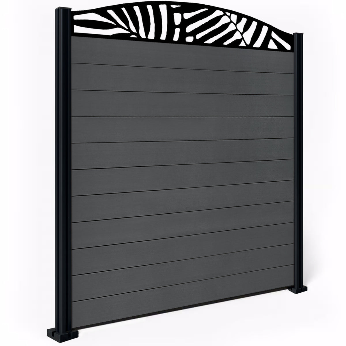 EasyComposite 6ft Composite Fence Panel & Aluminium Post Fitted Above Ground - Dark Grey Boards & Leafy Curved Topper Trellis