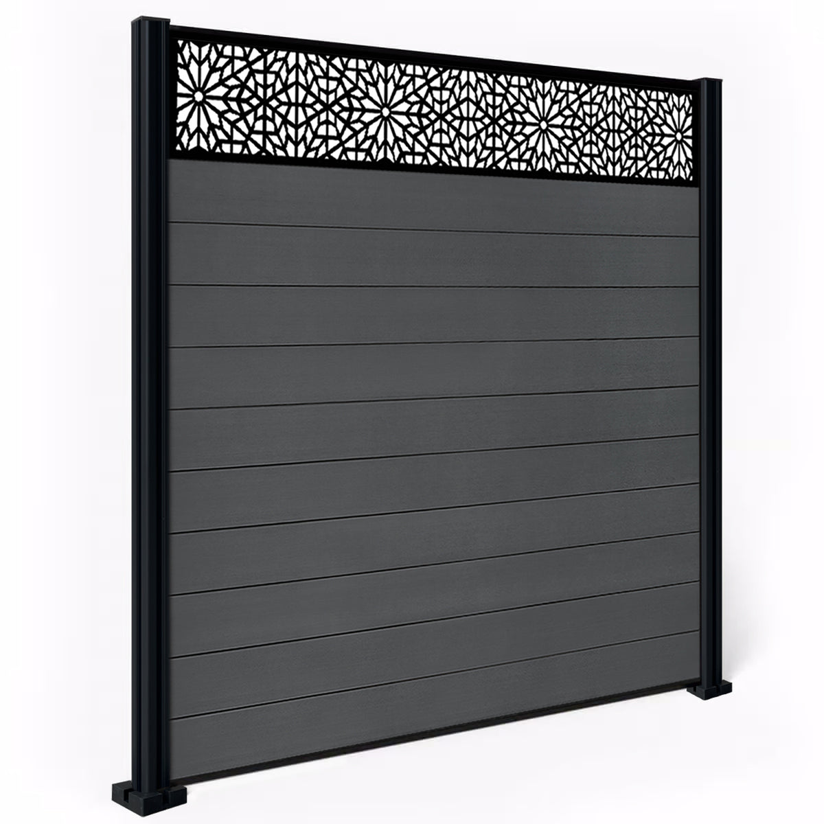 EasyComposite 2ft Composite Fence Panel & Aluminium Post Sunken in Ground - Dark Grey RAL7016 Boards & Morocco Topper Trellis