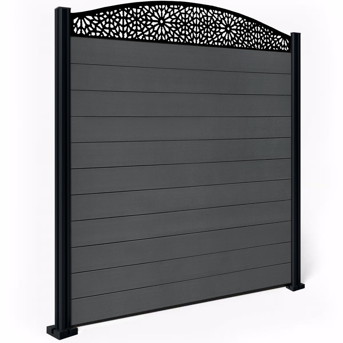 EasyComposite 6ft Composite Fence Panel & Aluminium Post Fitted Above Ground - Dark Grey Boards & Morocco Curved Topper Trellis