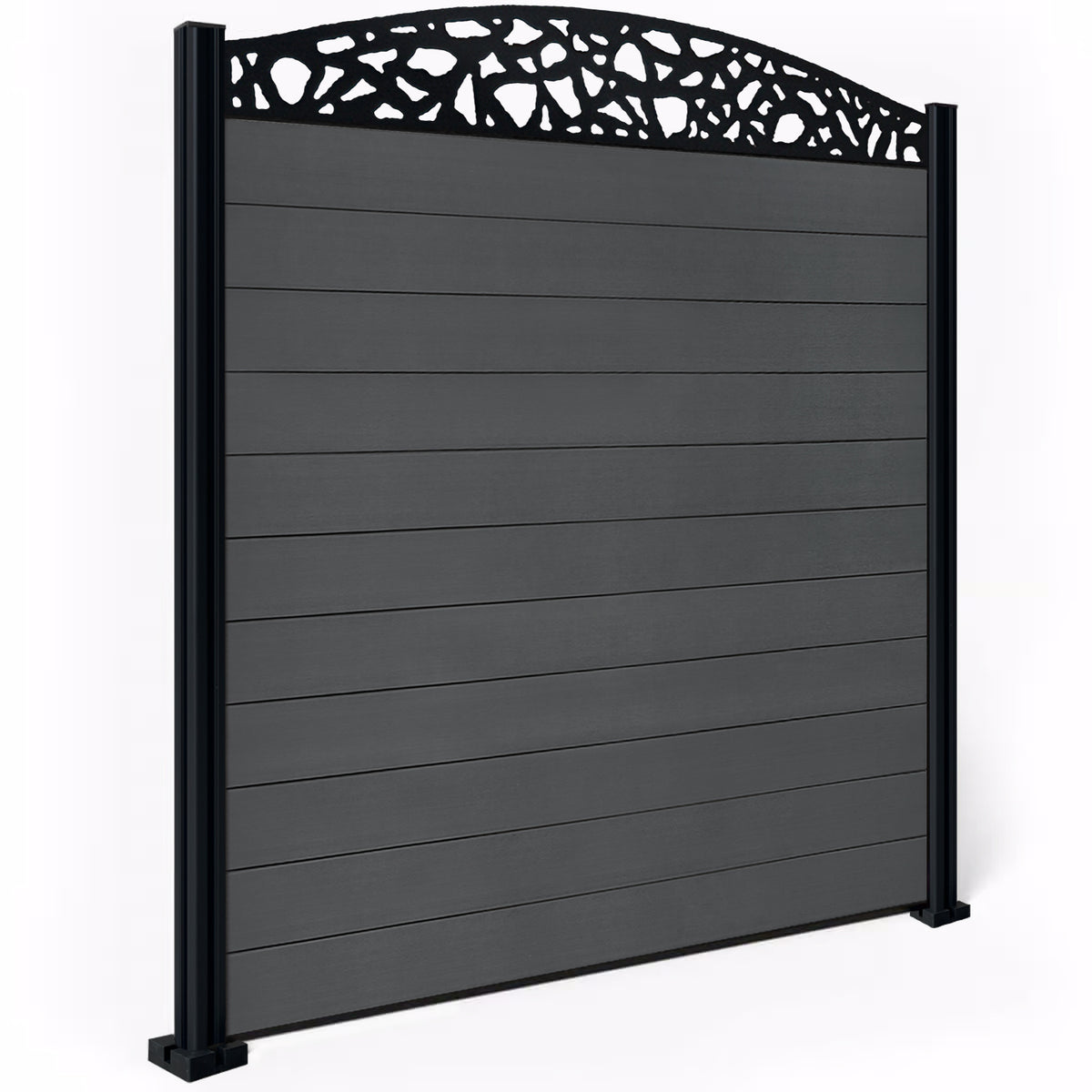 EasyComposite 6ft Composite Fence Panel & Aluminium Post Fitted Above Ground - Dark Grey Boards & Pebble Curved Topper Trellis