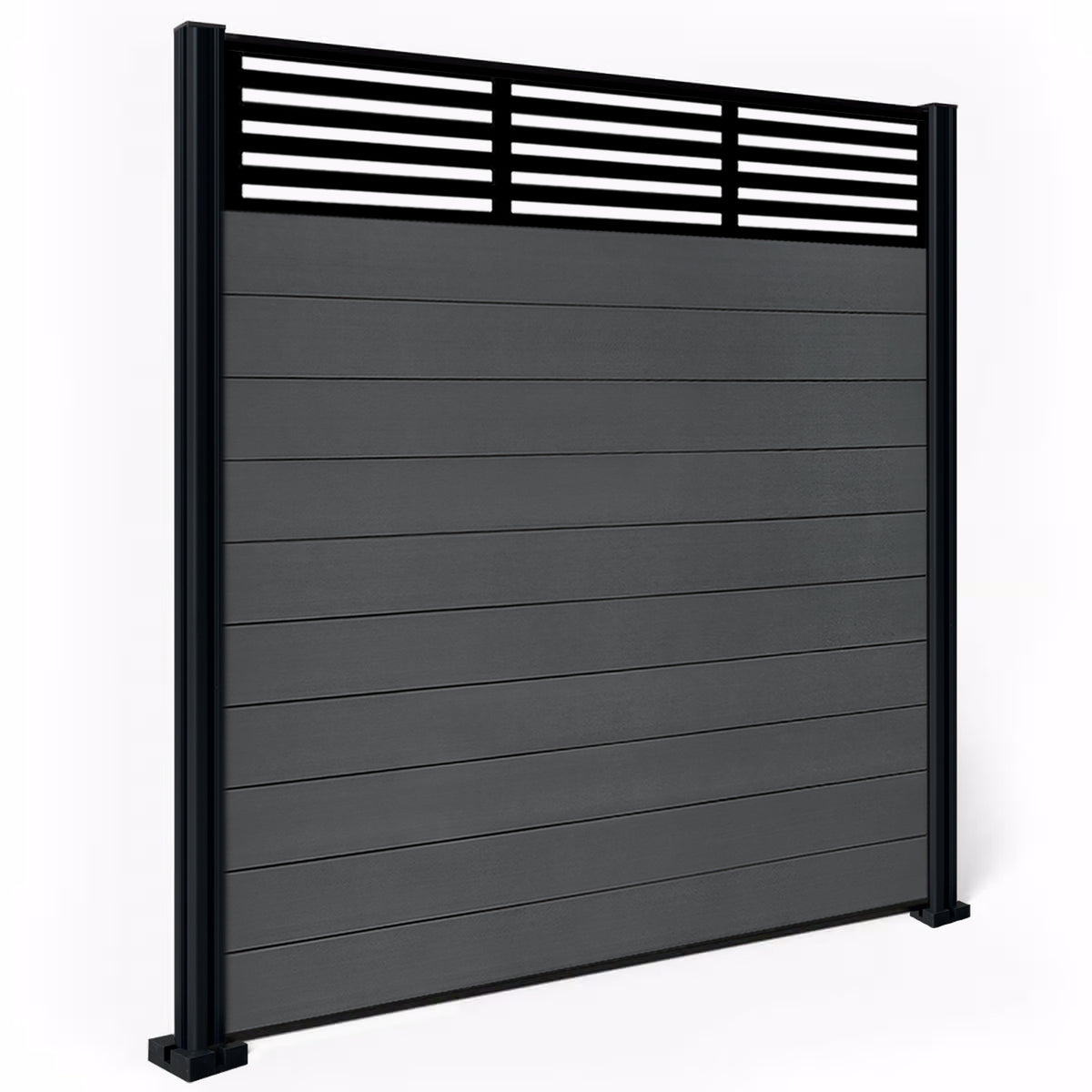 EasyComposite 6ft Composite Fence Panel & Aluminium Post Fitted Above Ground - Dark Grey RAL7016 Boards & Slat Topper Trellis