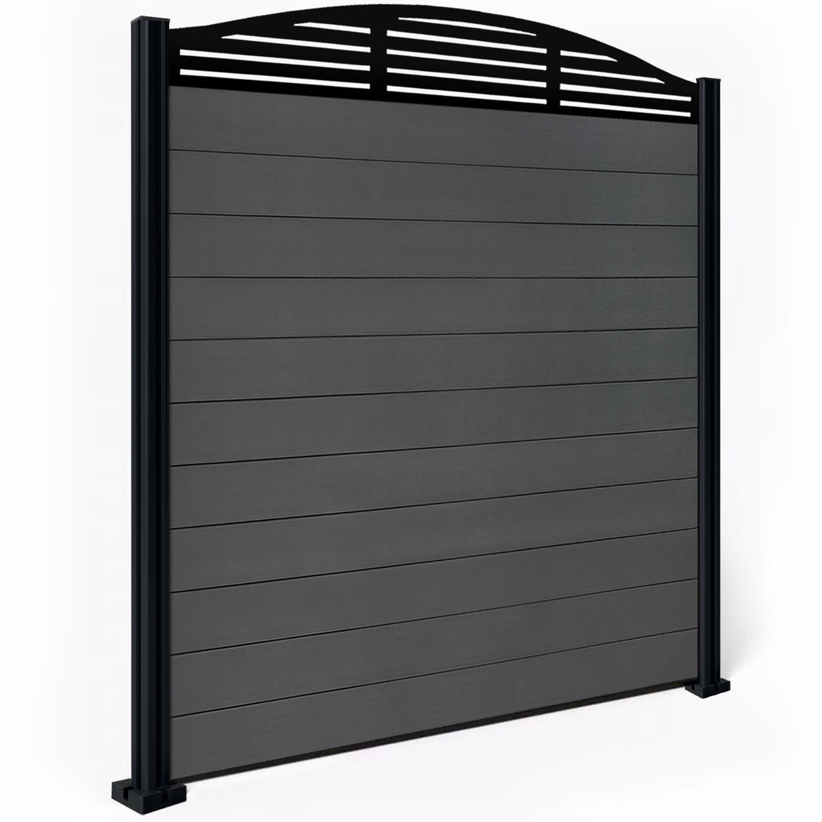 EasyComposite 6ft Composite Fence Panel & Aluminium Post Fitted Above Ground - Dark Grey Boards & Slat Curved Topper Trellis