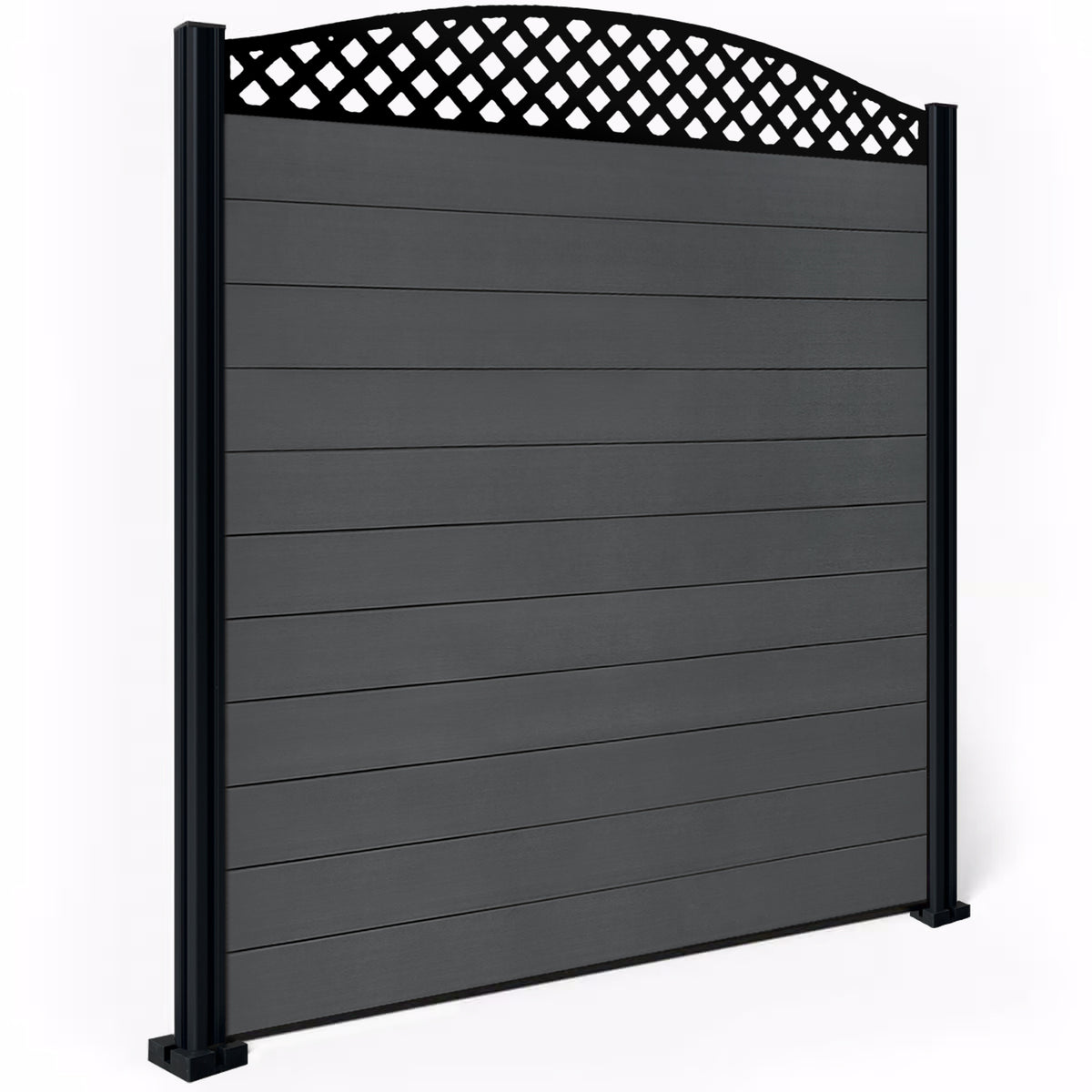 EasyComposite 6ft Composite Fence Panel & Aluminium Post Fitted Above Ground - Dark Grey Boards & Wave curved Topper Trellis