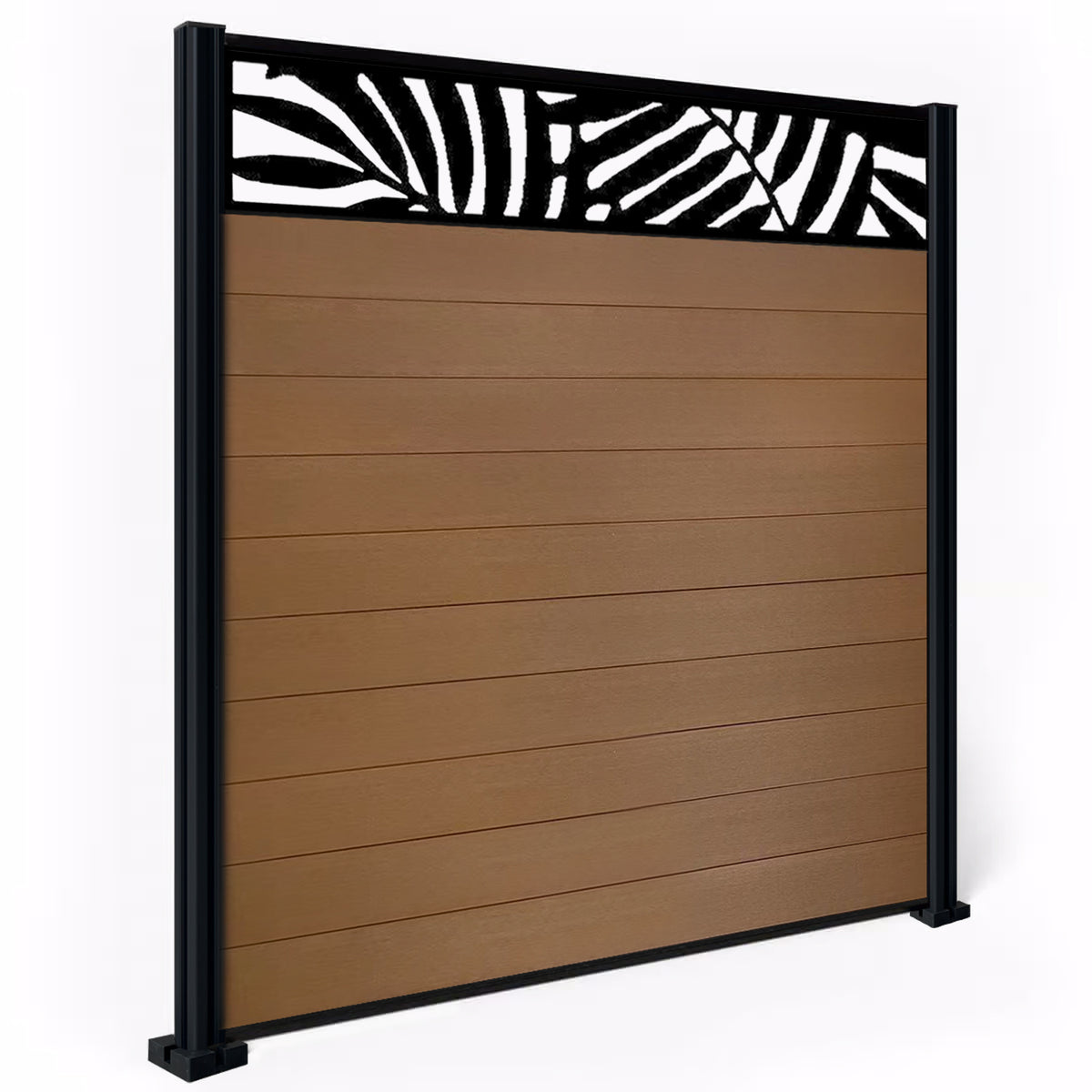 EasyComposite 3ft Composite Fence Panel & Aluminium Post Sunken in Ground - Golden Teak Boards & Leafy Topper Trellis
