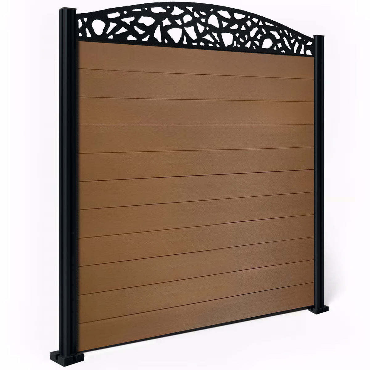 EasyComposite 6ft Composite Fence Panel & Aluminium Post Fitted Above Ground - Golden Teak Boards & Pebble Curved Topper Trellis