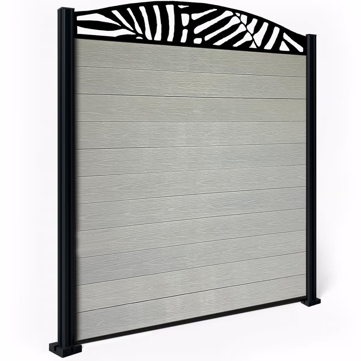 EasyComposite 6ft Composite Fence Panel & Aluminium Post Fitted Above Ground - Light Grey Boards & Leafy Curved Topper Trellis