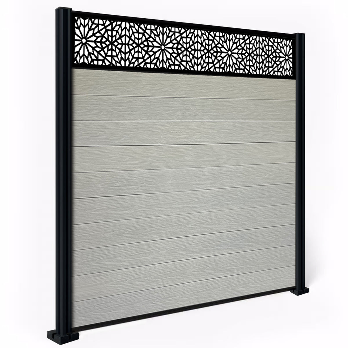 EasyComposite 2ft Composite Fence Panel & Aluminium Post Sunken in Ground - Light Grey Boards & Morocco Topper Trellis