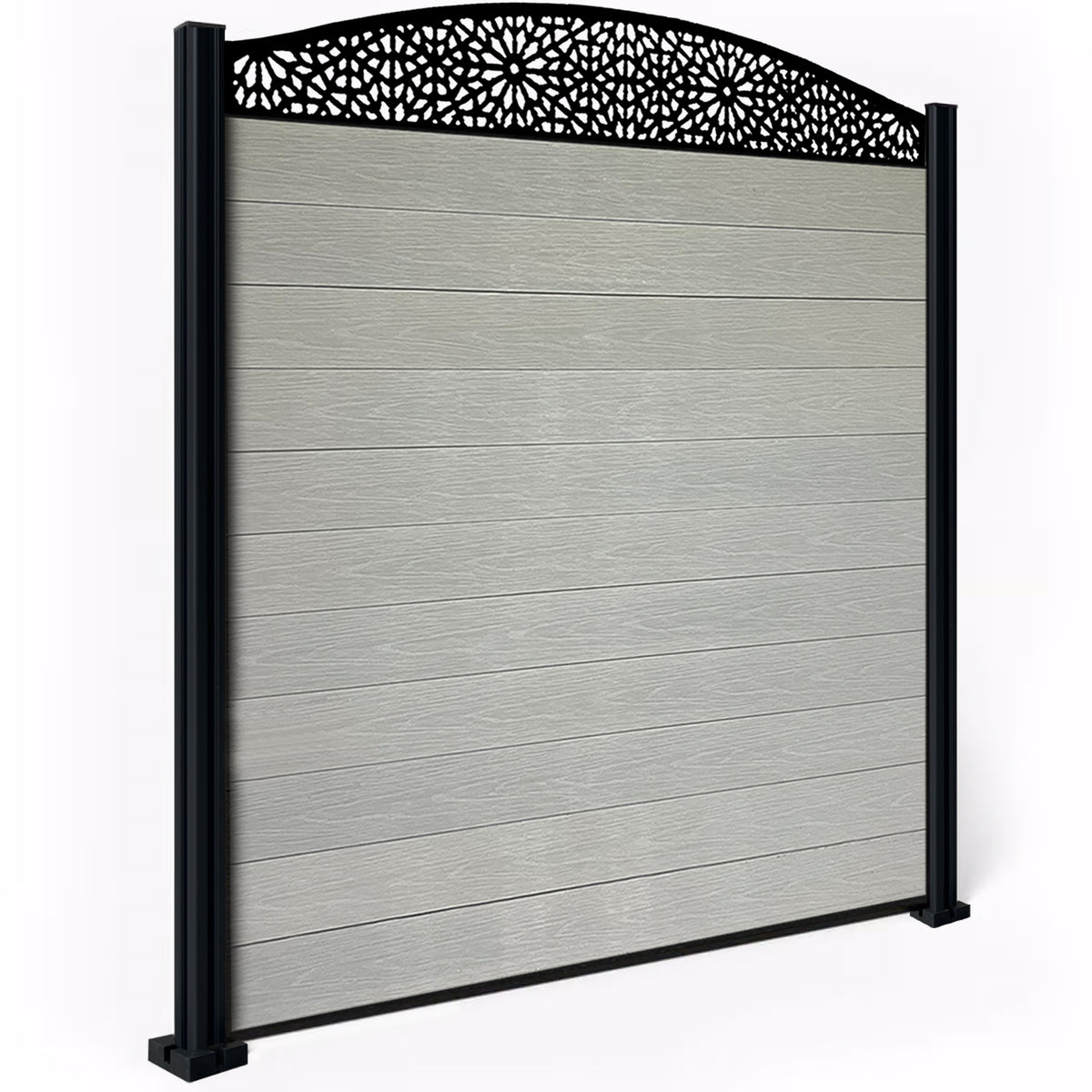 EasyComposite 6ft Composite Fence Panel & Aluminium Post Fitted Above Ground - Light Grey Boards & Morocco Curved Topper Trellis
