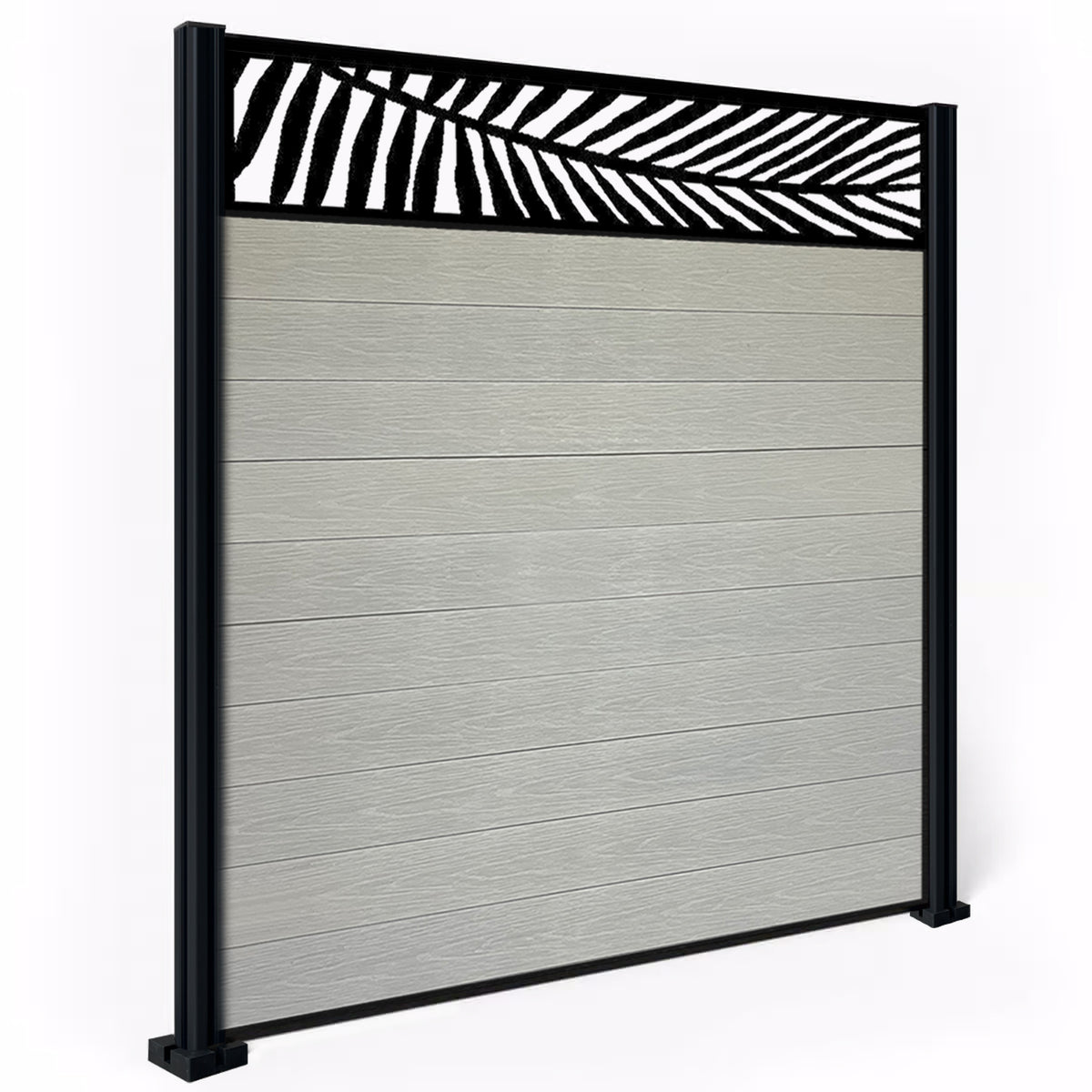 EasyComposite 6ft Composite Fence Panel & Aluminium Post Fitted Above Ground - Light Grey Boards & Palm Topper Trellis