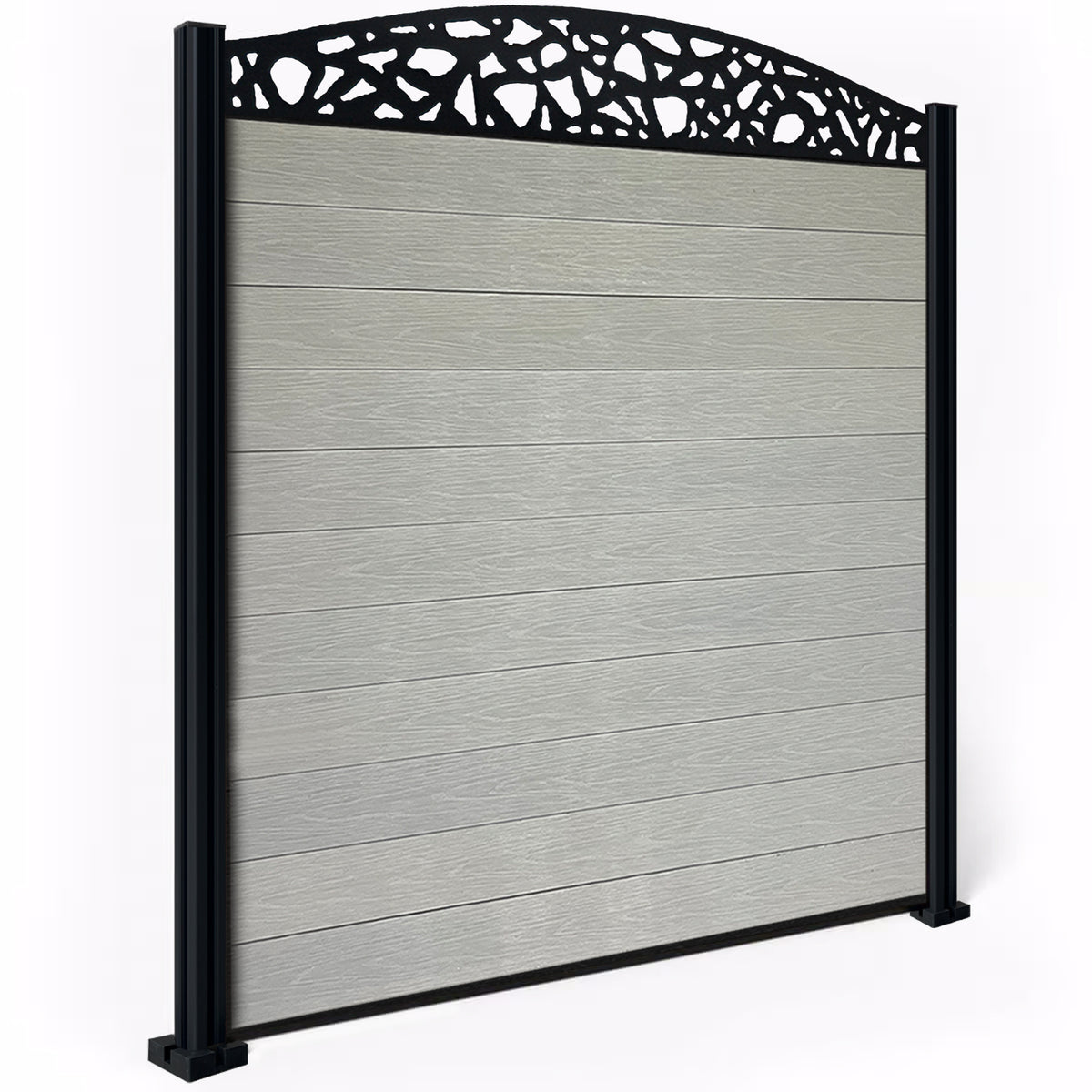 EasyComposite 6ft Composite Fence Panel & Aluminium Post Fitted Above Ground - Light Grey Boards & Pebble Curved Topper Trellis